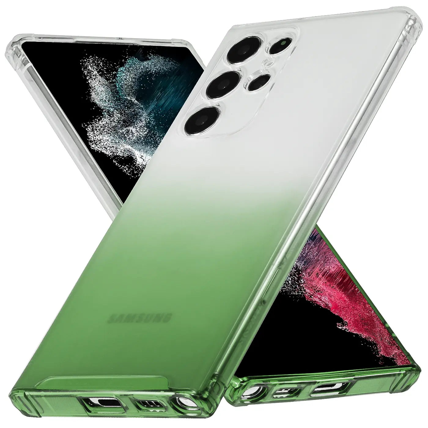 Grüne Farbverlauf-Hülle aus Kunststoff, seitliche Ansicht, Samsung Galaxy S21 Ultra.