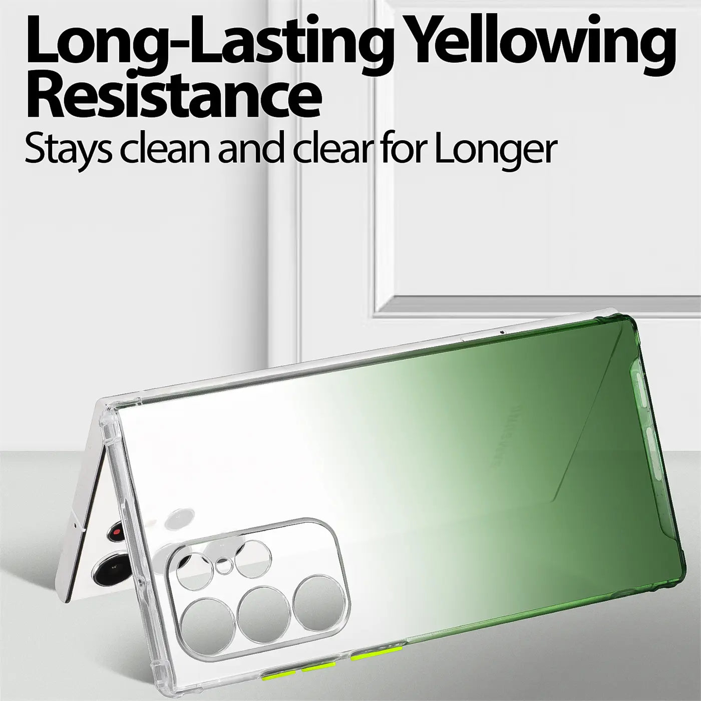 Samsung S21 Ultra Hülle, transparent, grün-verlaufend, von hinten, aus Kunststoff.