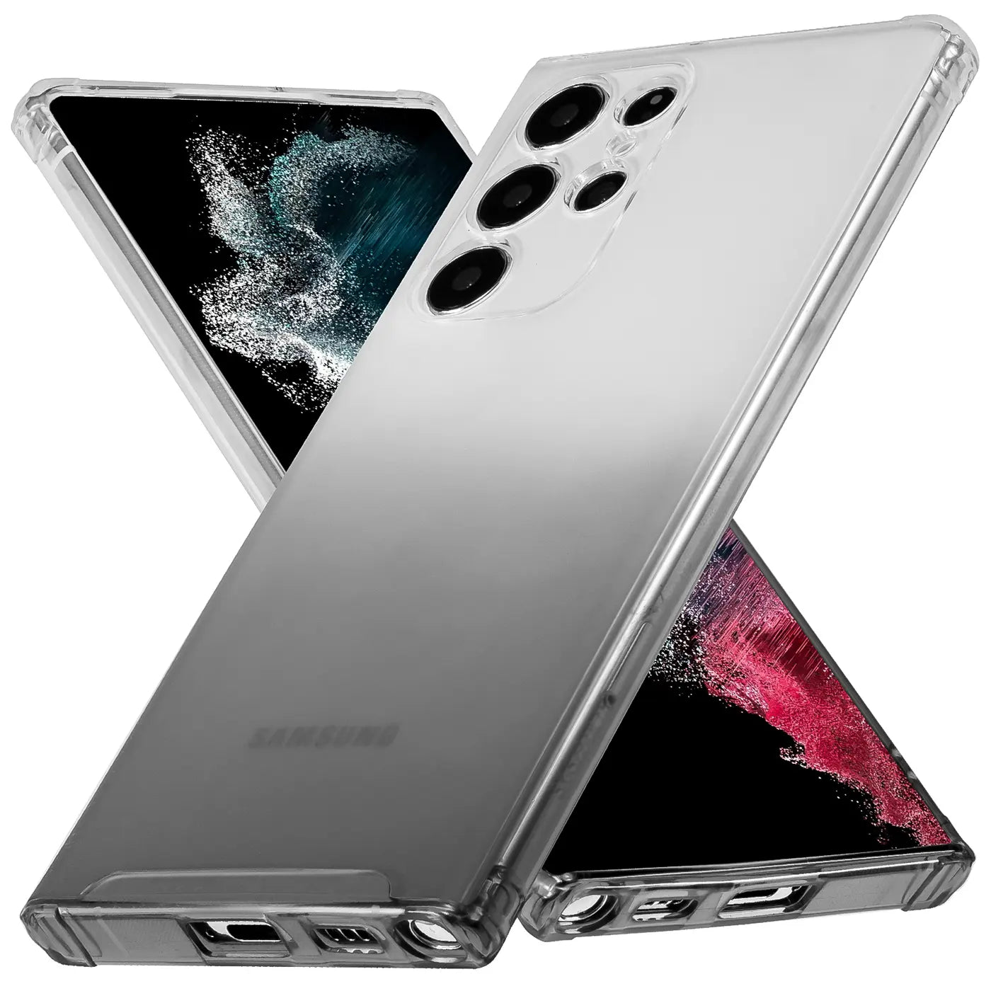 Transparente Hülle mit Farbverlauf für Samsung Galaxy S21 Ultra, von vorne und hinten gezeigt.