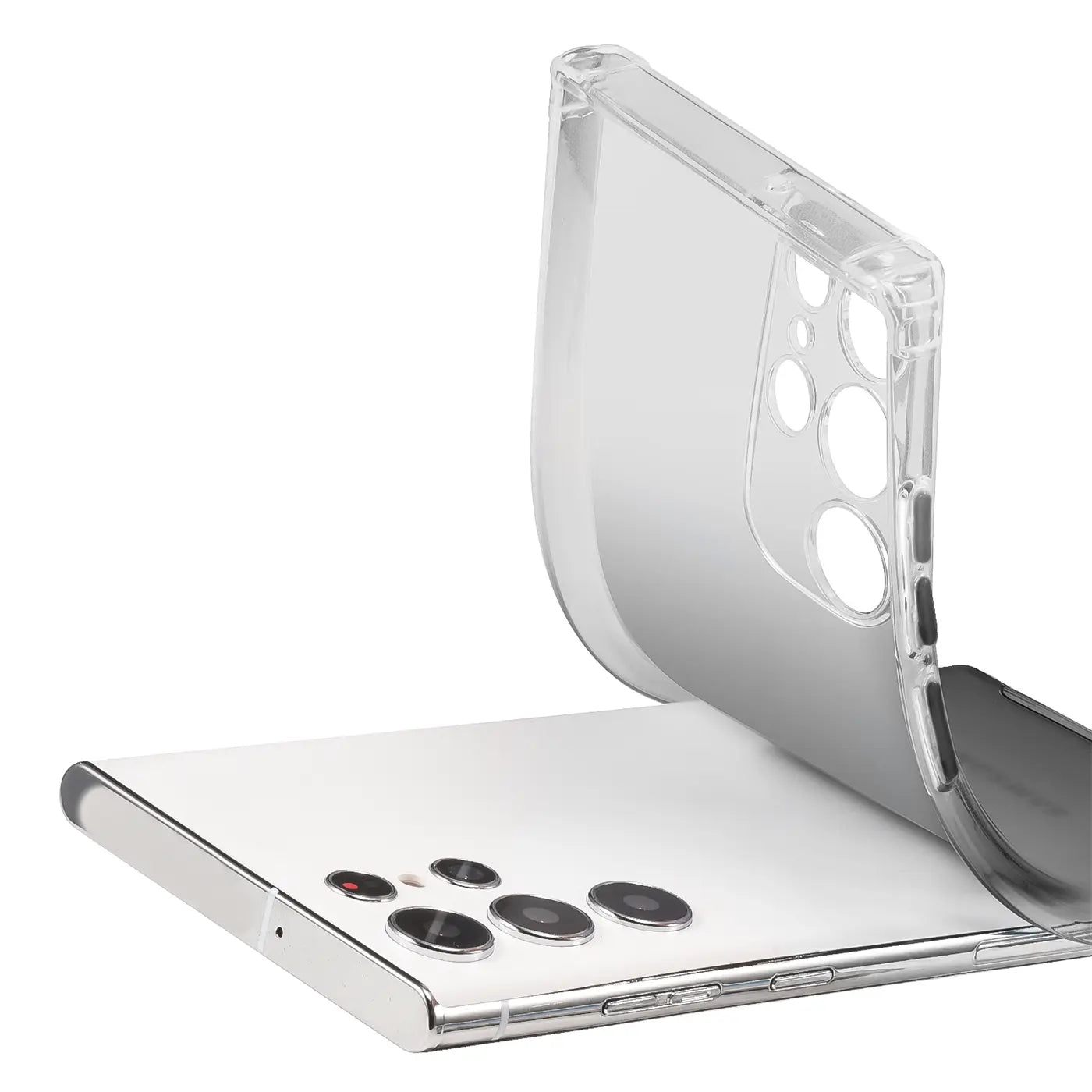 Transparente Hülle wird über Samsung S21 Ultra gelegt, Seitenansicht.