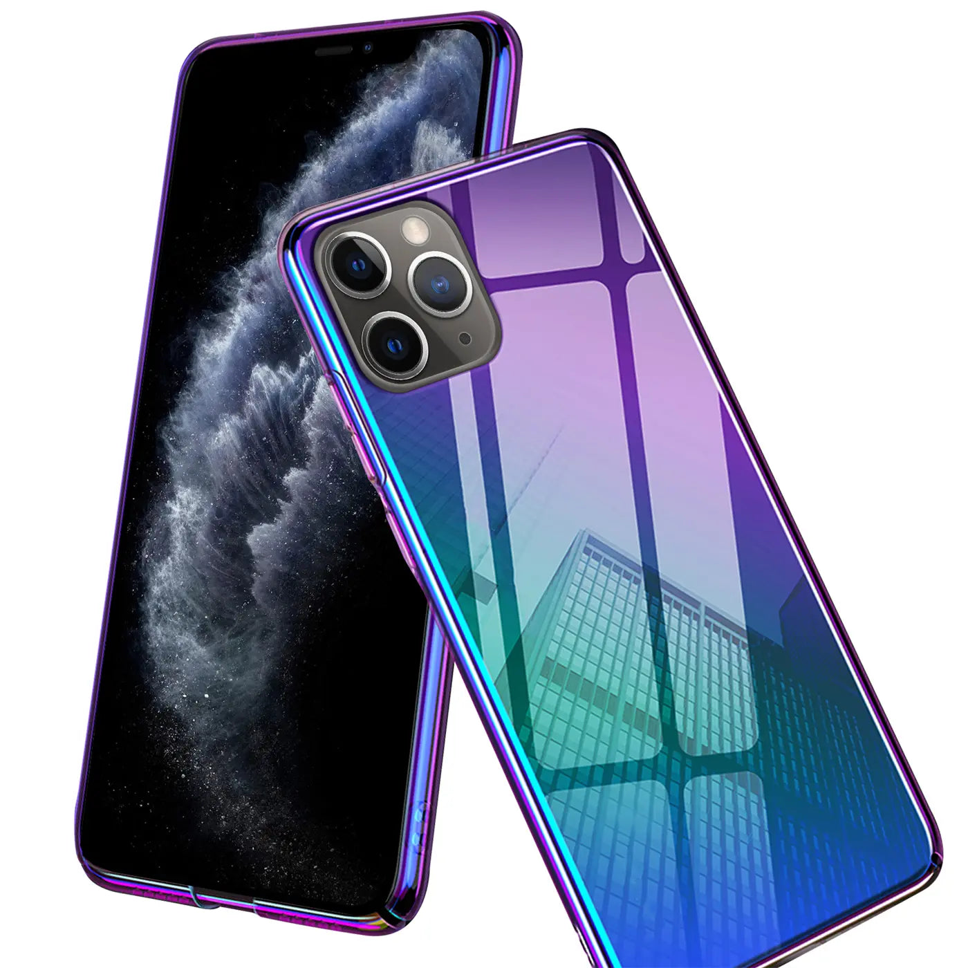 iPhone 11 Pro Max mit Farbverlauf-Hülle, lila/blau, glänzend, von vorne/seitlich