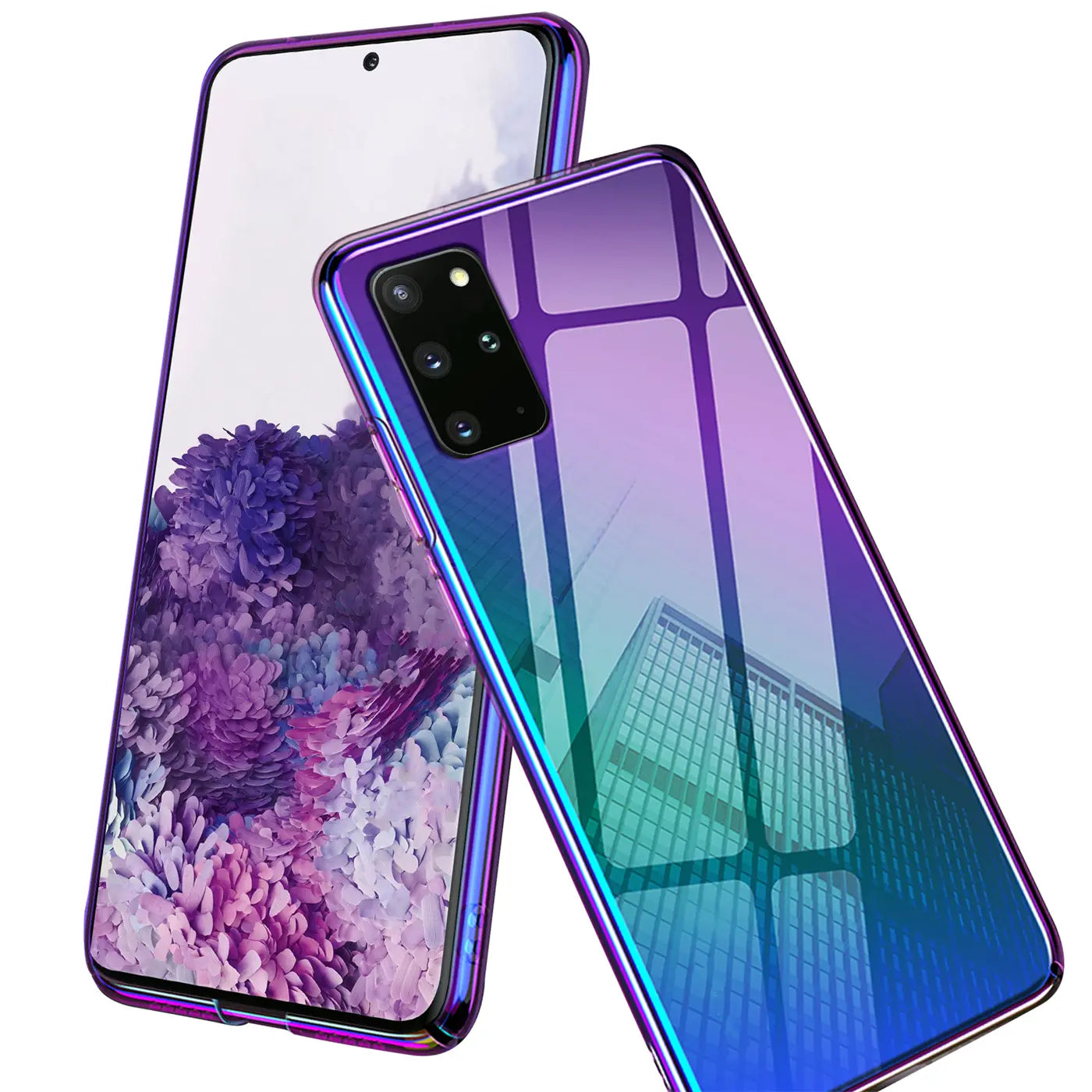 Samsung S20 Ultra mit Farbverlauf-Hülle, lila/blau, glänzend, von vorne/seitlich