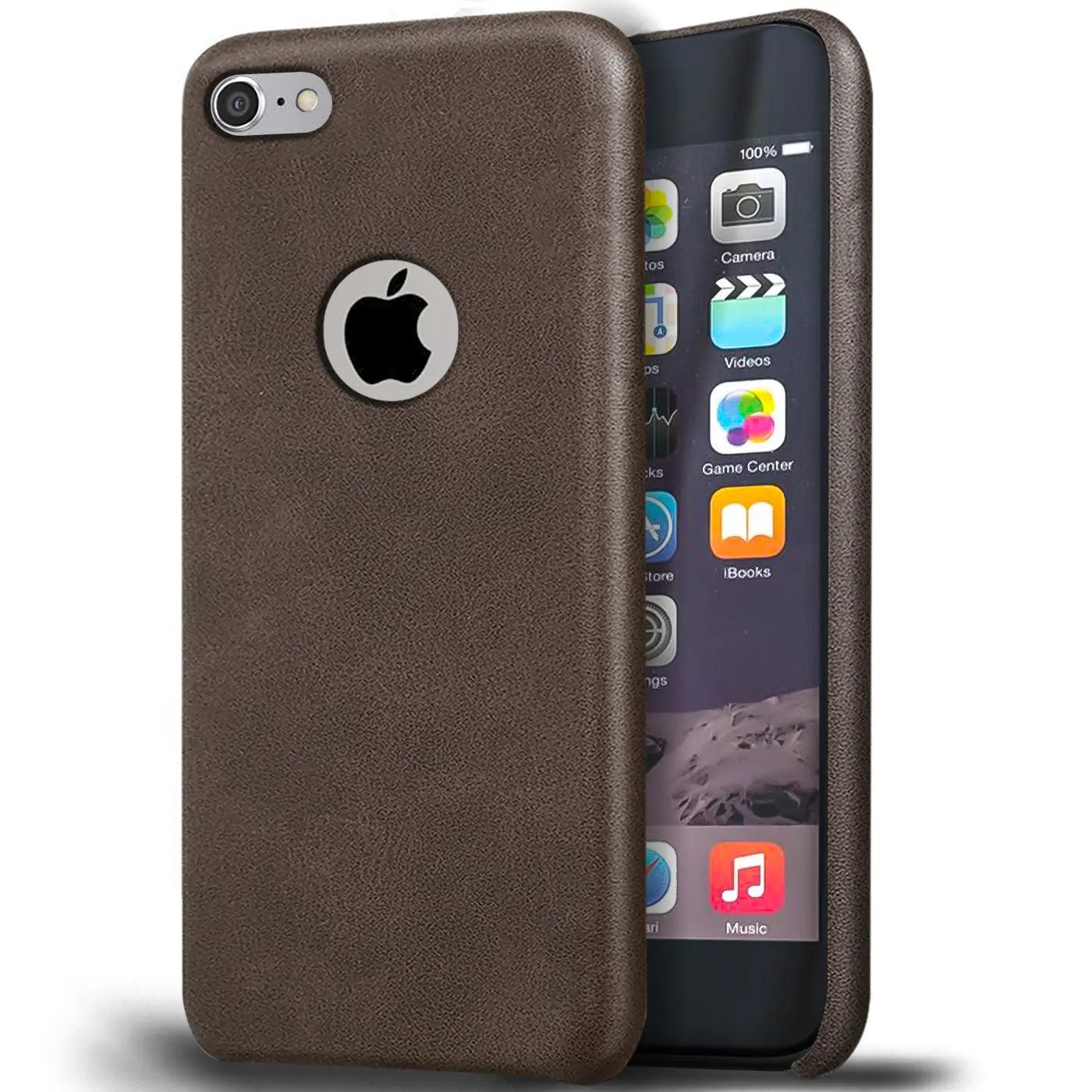 Braune PU-Hartschale mit Apple-Logo auf iPhone 6/6S, von schräg vorne