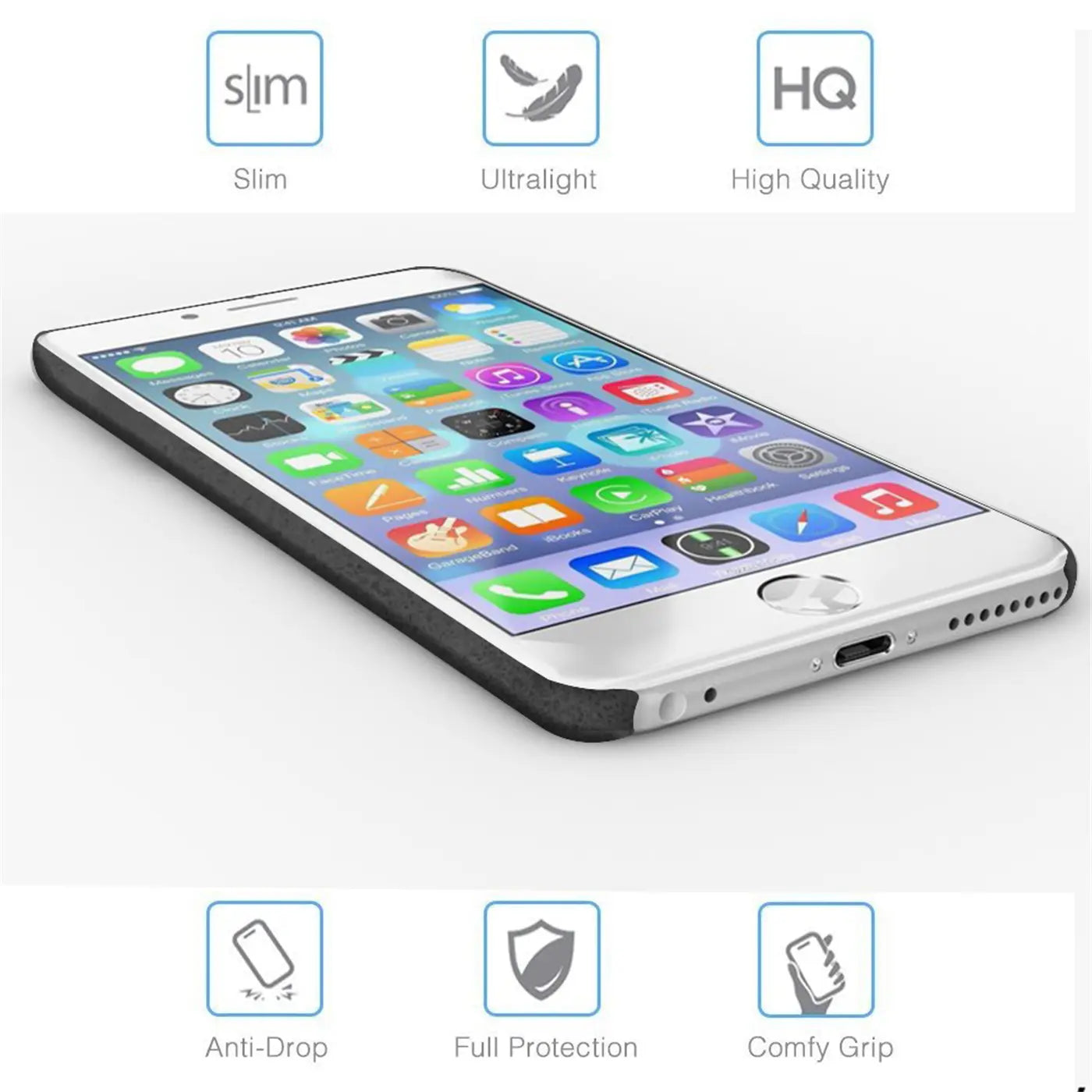 iPhone 6s Plus/6 Plus in schwarzer PU-Hartschale, von vorne links, mit voller Bildschirmansicht.