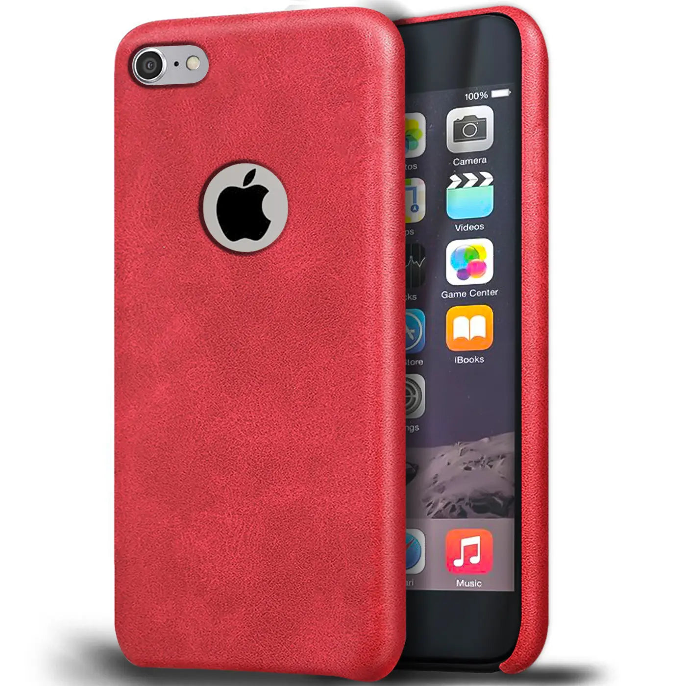 Rote PU-Hartschale für iPhone 6/6S, Rückansicht mit Apfel-Logo, Seitenansicht des Displays