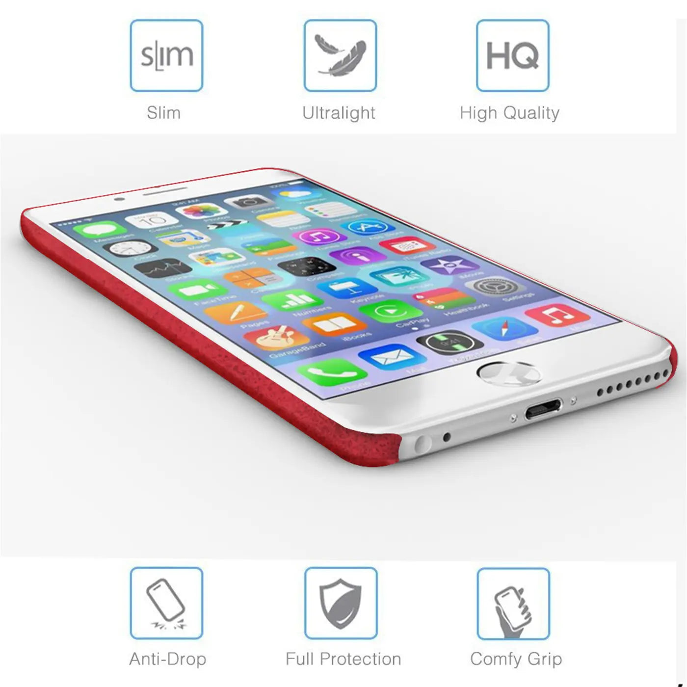 Rote PU-Hartschale mit iPhone 6/6S, von schräg oben gezeigt.