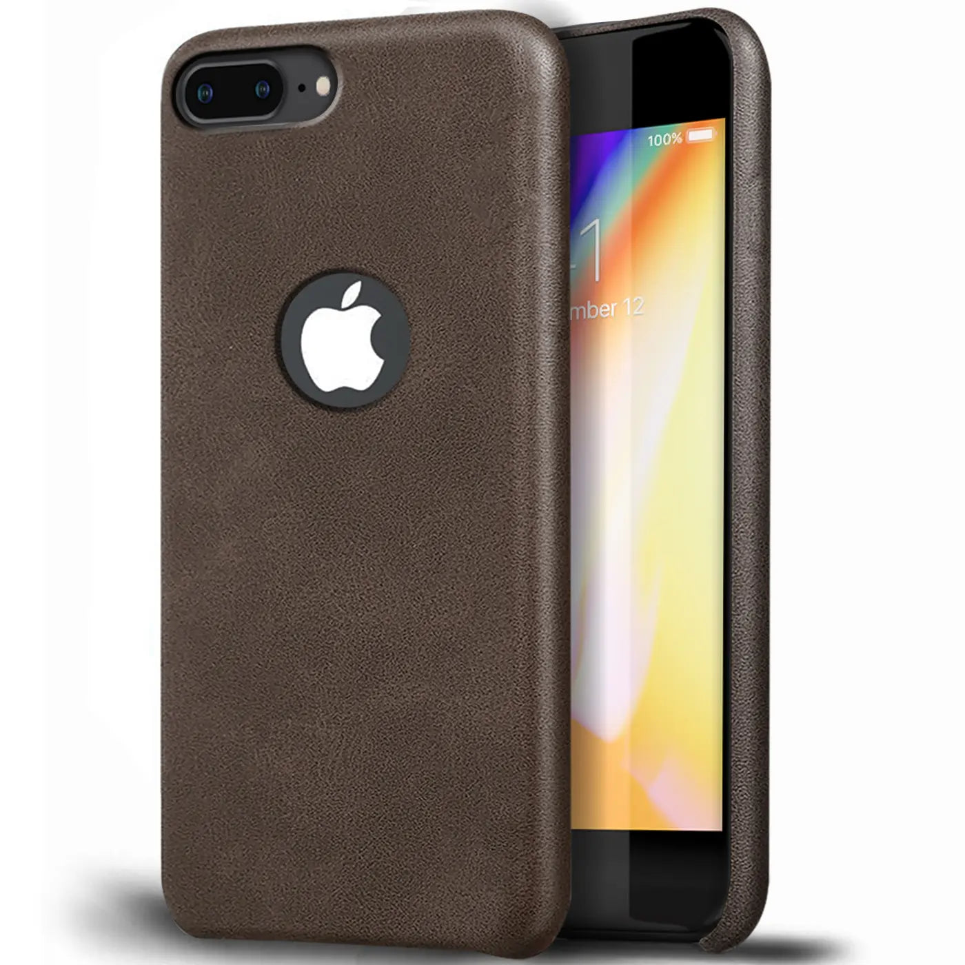 Braune PU-Hartschale mit Apple-Logo auf iPhone 7 Plus/8 Plus, Seitenansicht.
