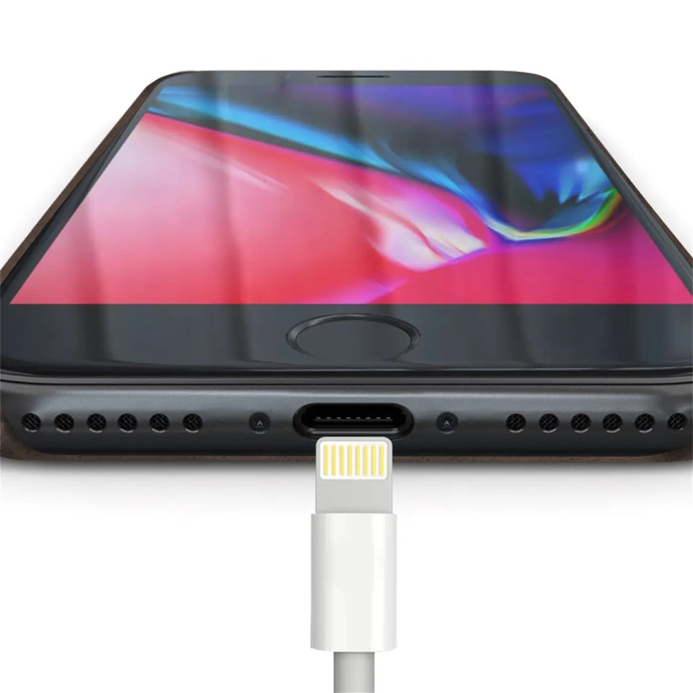 iPhone 7 Plus/8 Plus, graue PU-Hartschale, Nahaufnahme des Ladeanschlusses mit weißem Ladekabel.
