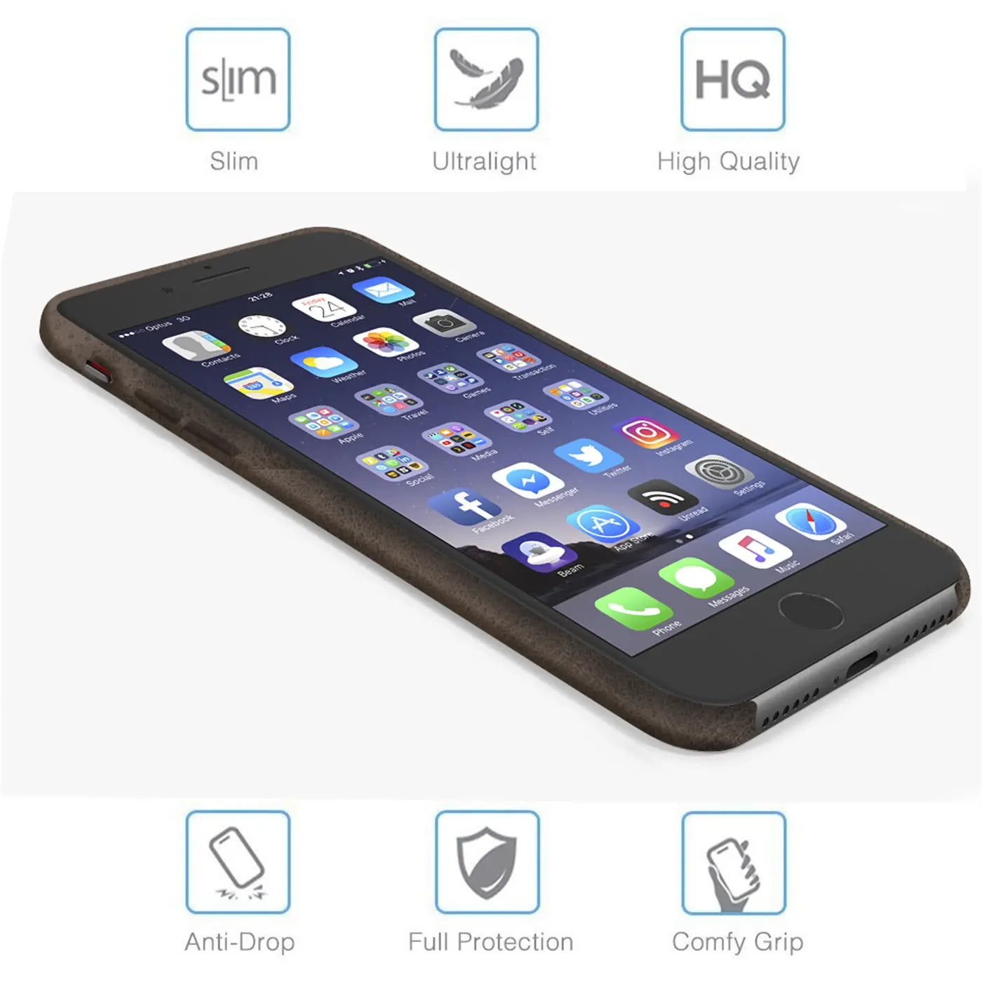 iPhone 7 Plus/8 Plus in brauner PU-Hartschale, von schräg oben, mit vielen App-Icons auf dem Bildschirm.