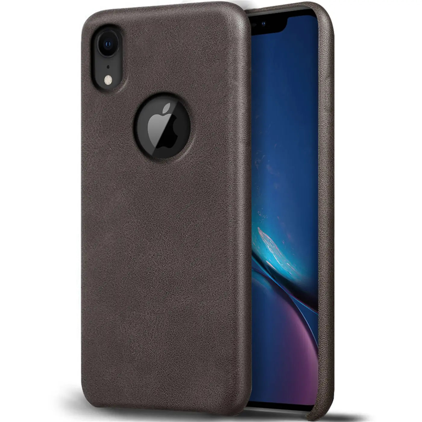Dunkelbraune PU-Hartschale für iPhone XR, von schräg vorne mit Blick auf die Rückseite.