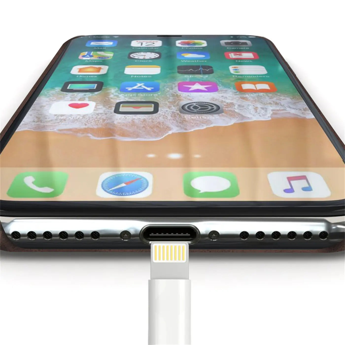 iPhone XR mit Ladekabel, von unten, silbernes Metallgehäuse, schwarzer Rand