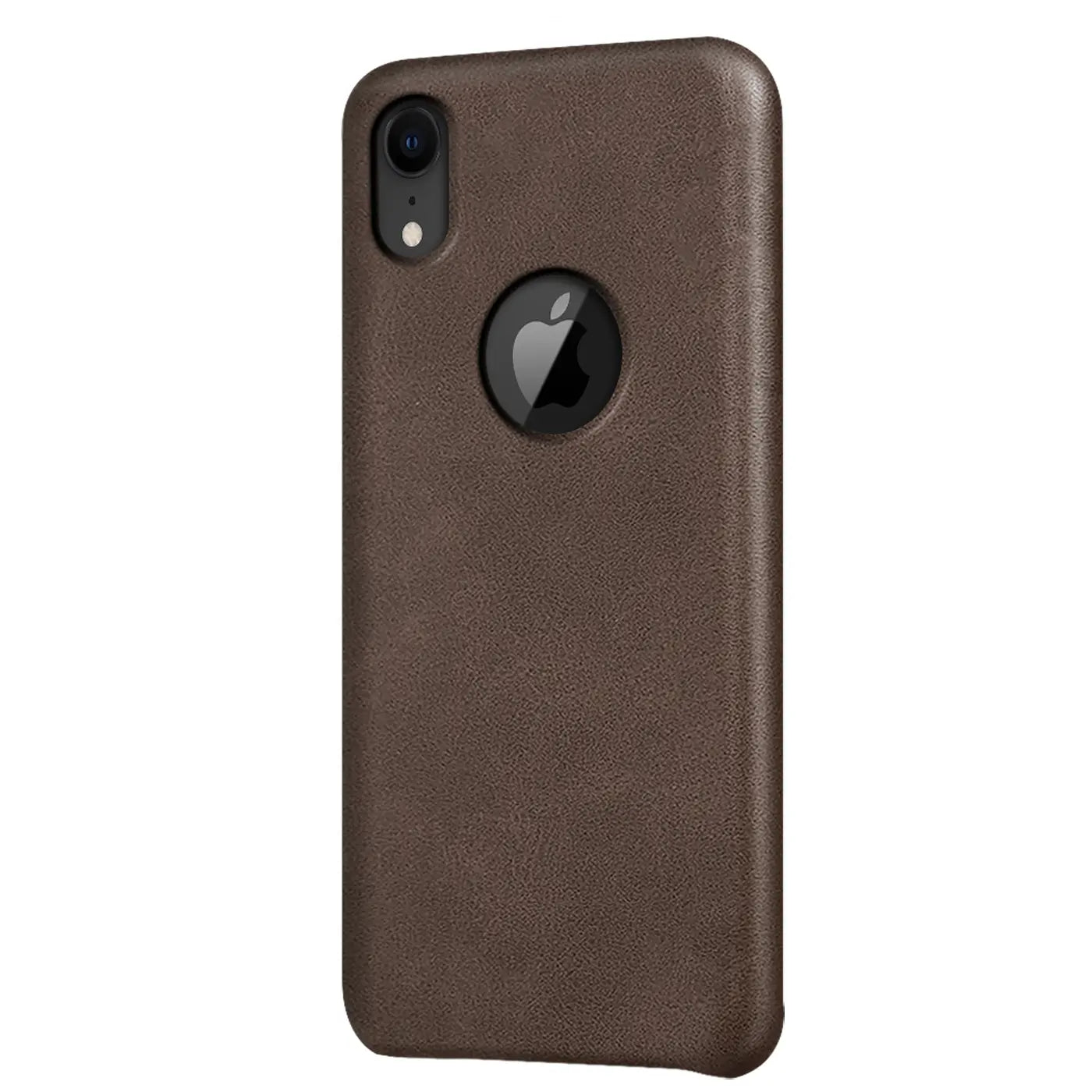 Braune PU-Hartschale Schutzhülle für iPhone XR, Rückansicht, leicht schräg.