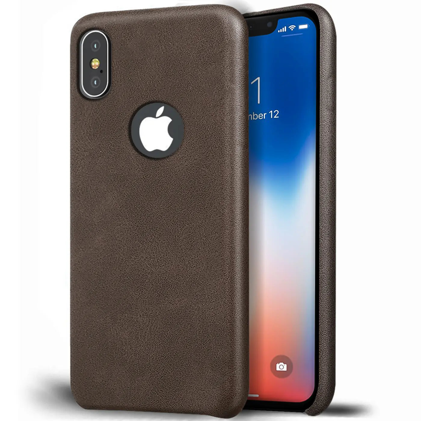 Braune PU-Hartschale für iPhone Xs Max, von vorne schräg gezeigt.