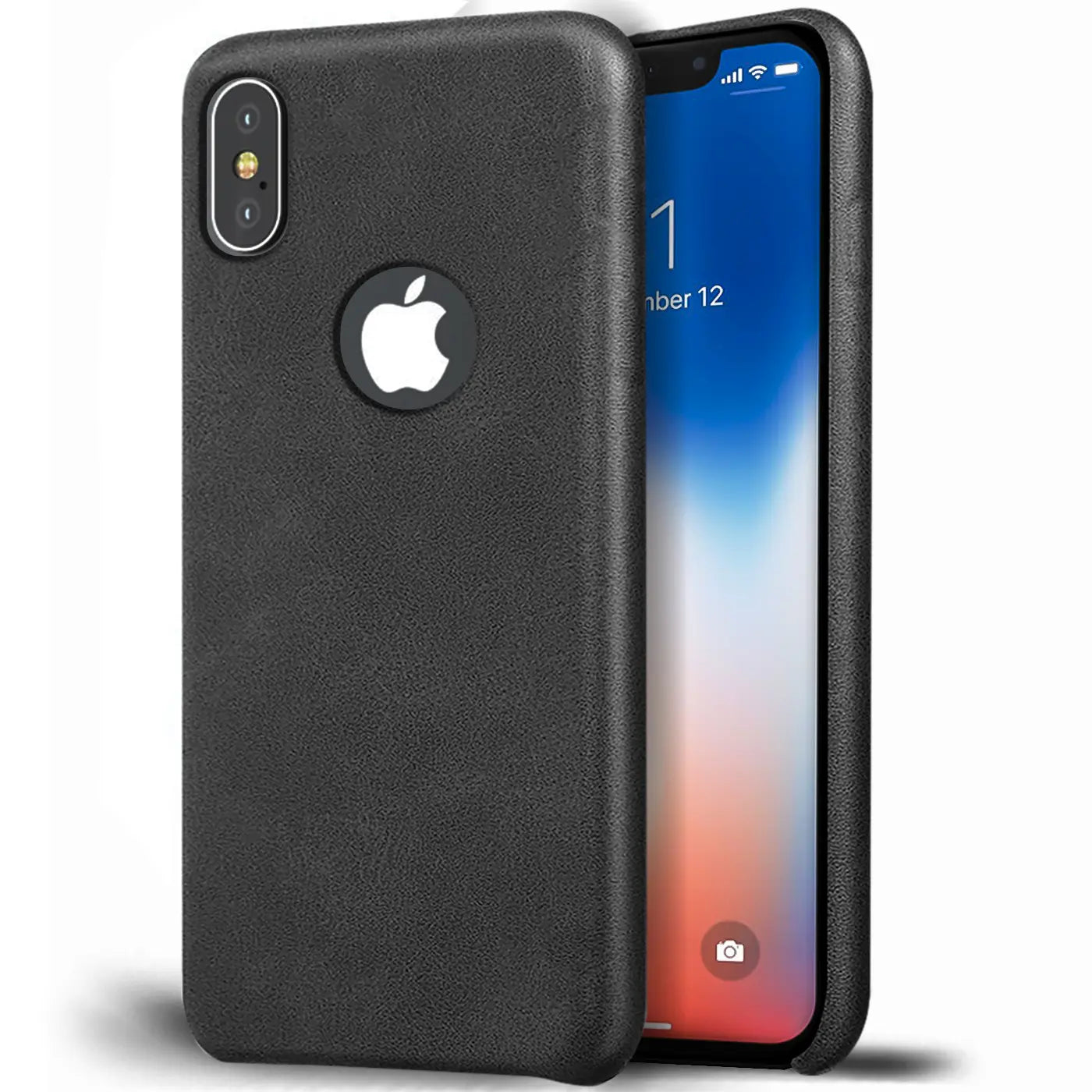 Schwarze PU-Hartschale für iPhone Xs Max, Rückansicht mit Apple-Logo, von vorne gezeigt