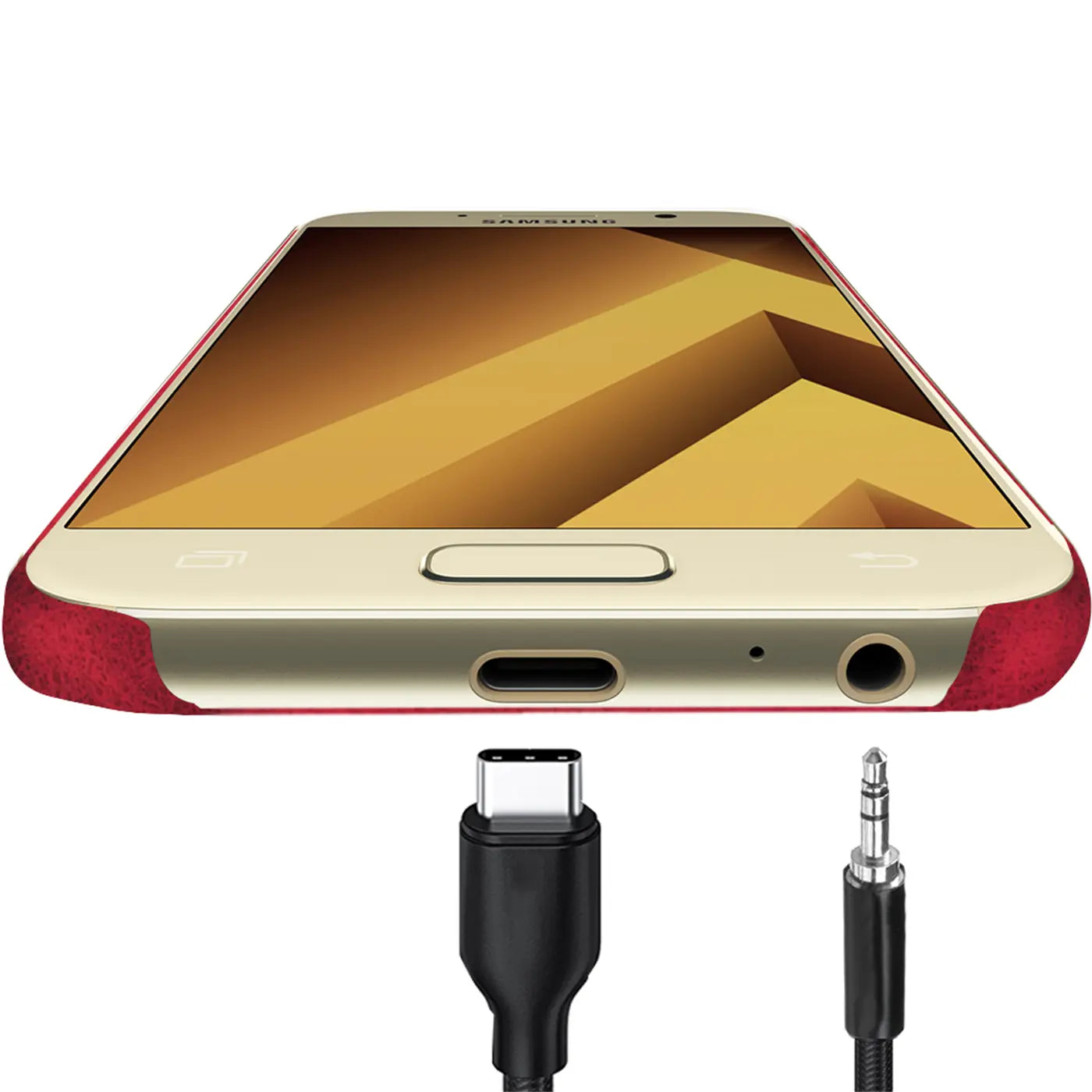 Rote PU-Hülle um ein Samsung Galaxy A3 2017, von unten. USB-C-Kabel daneben.