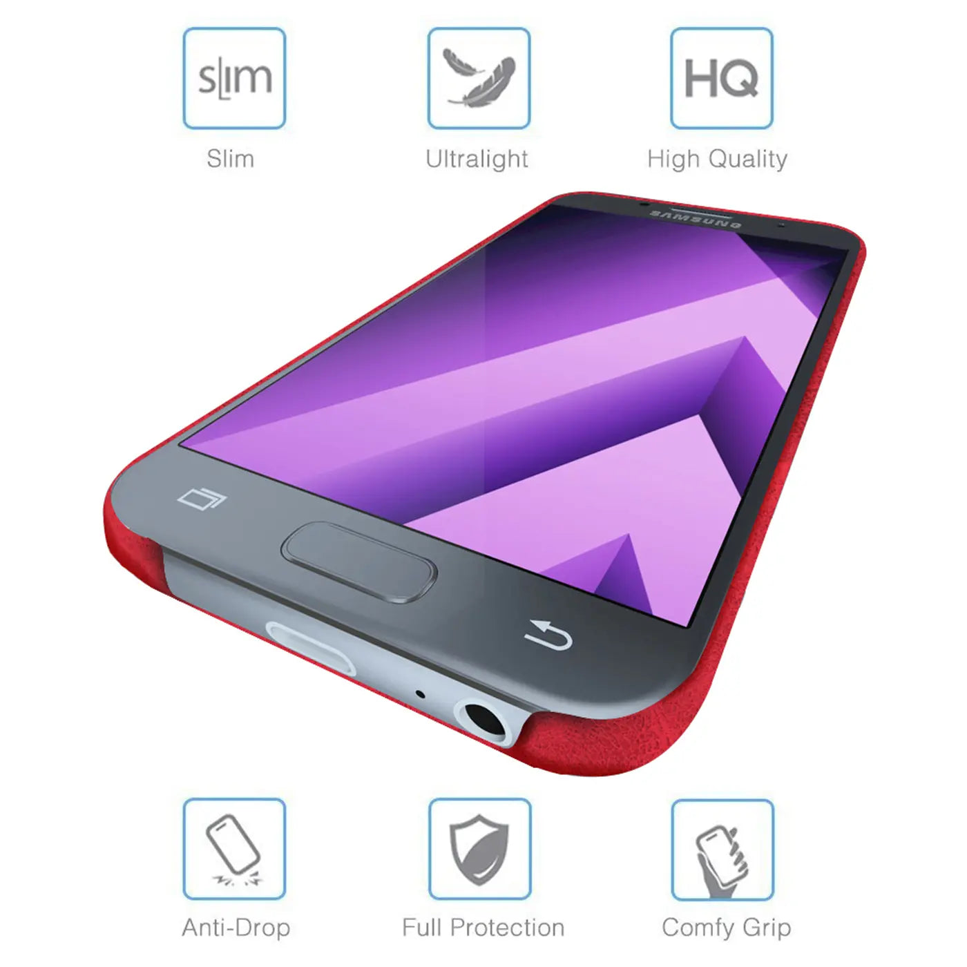 Rote PU-Hartschale mit Samsung Galaxy A3 2017, von vorne schräg.