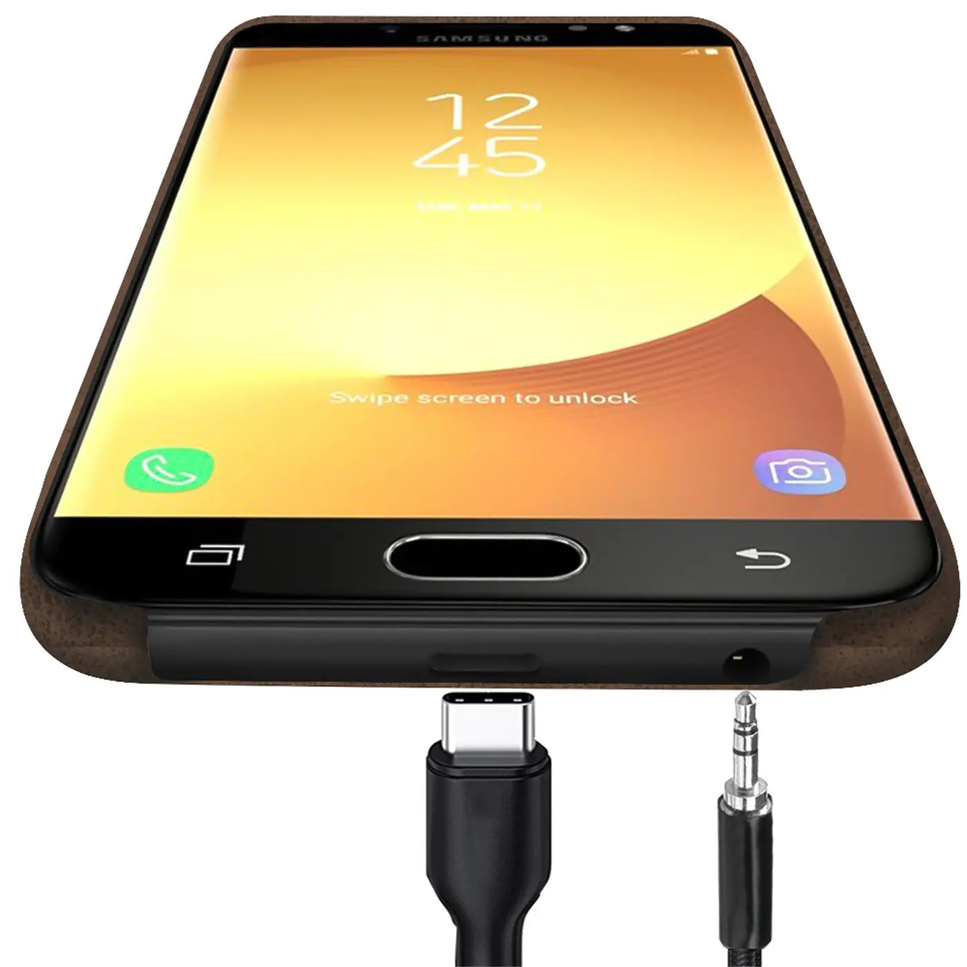 Samsung Galaxy J5 2017 mit brauner PU-Hartschale, von unten mit USB-C und Klinkenanschluss.