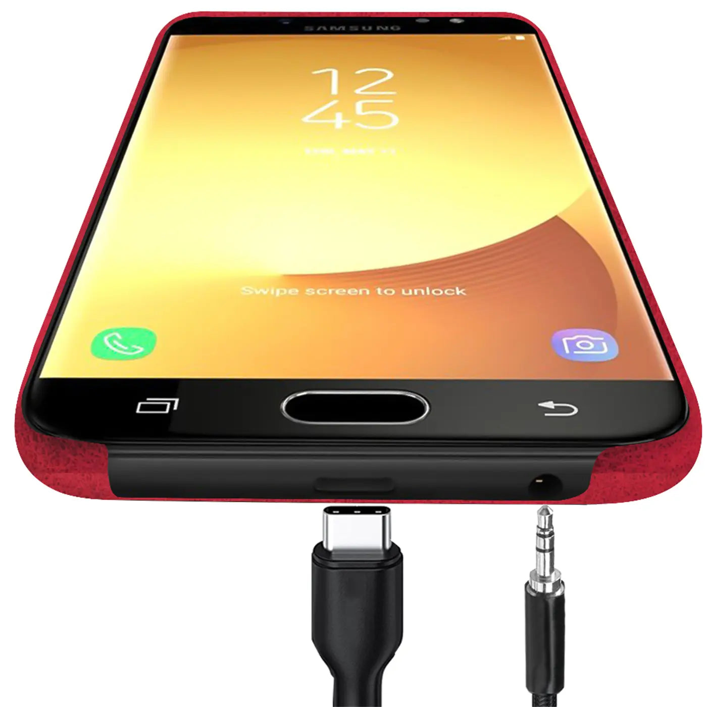 Rotes PU-Hartschalen-Case für Samsung Galaxy J5 2017, von unten gesehen, mit USB-C- und Klinkenanschluss.