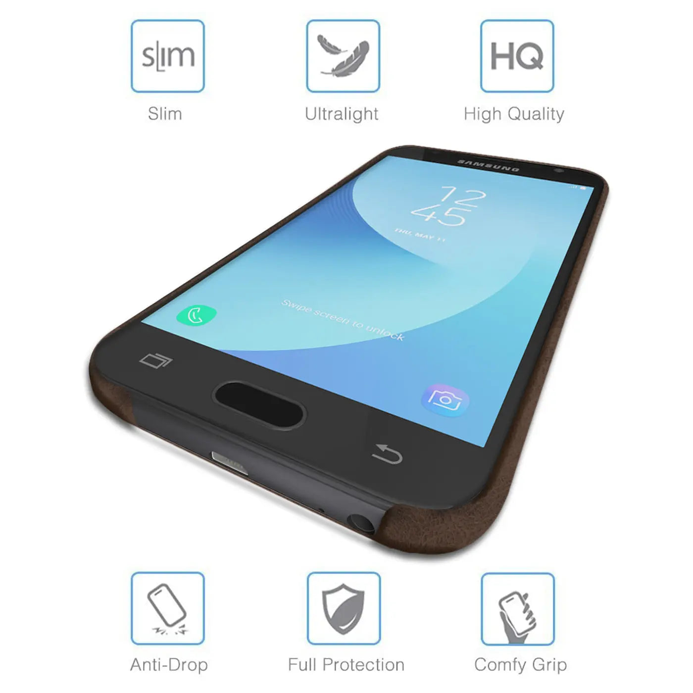 Samsung Galaxy J7 2017 mit brauner PU-Hartschale, von schräg oben