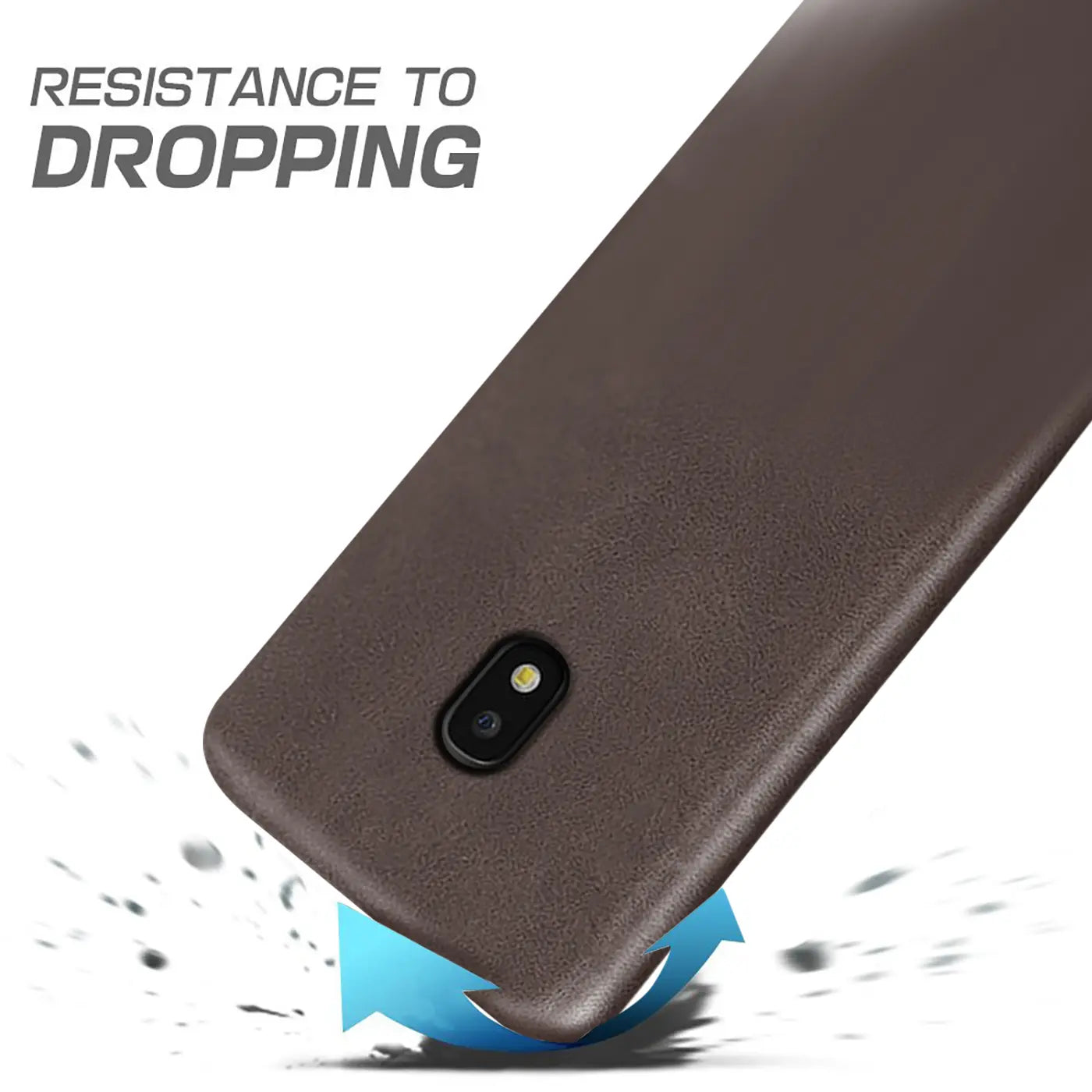 Braune PU-Hartschale schützt Samsung Galaxy J7 2017. Von schräg oben.