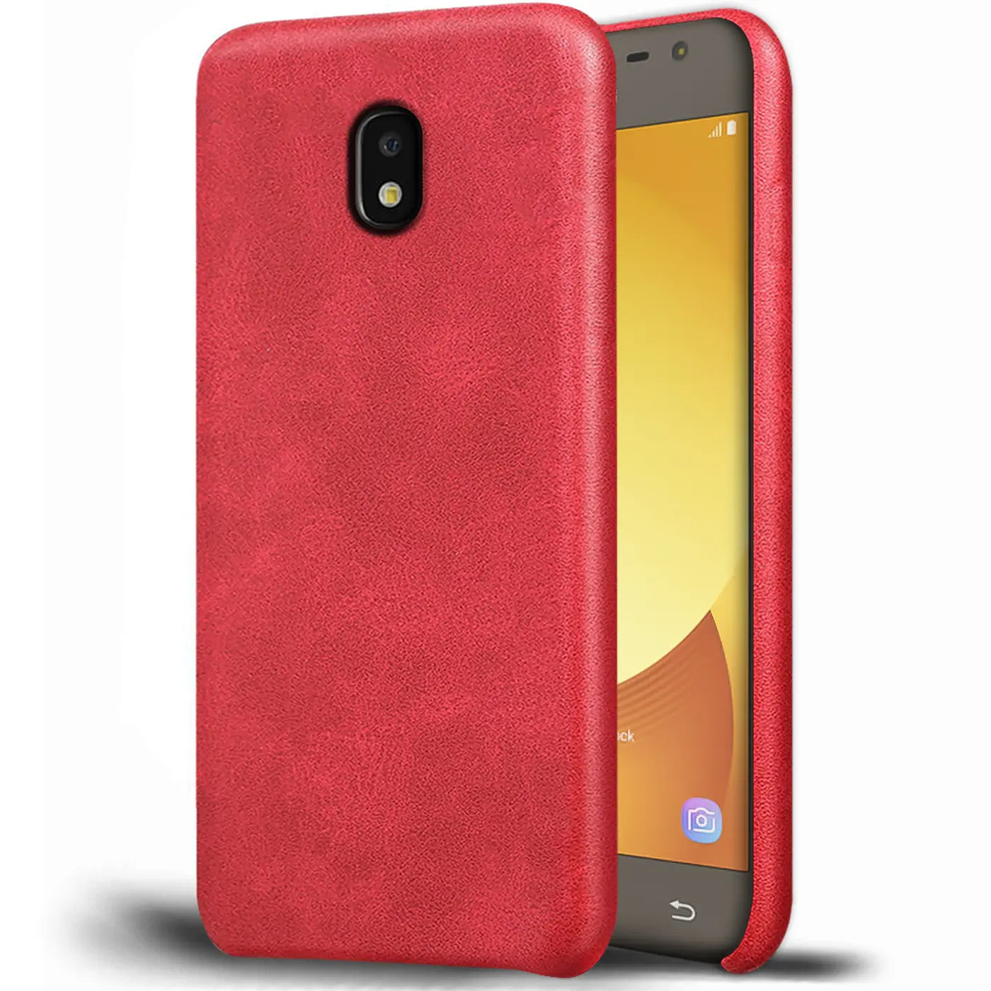 Rote PU-Hartschale mit Kameraaussparung, seitliche Ansicht, Samsung Galaxy J7 2017.