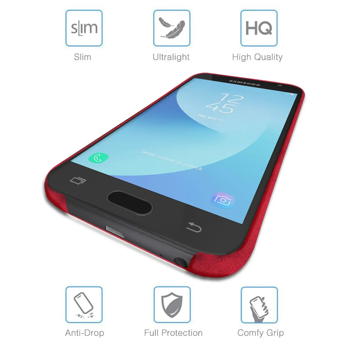 Rote PU-Hartschale mit Samsung Galaxy J7 2017, von schräg oben gezeigt.