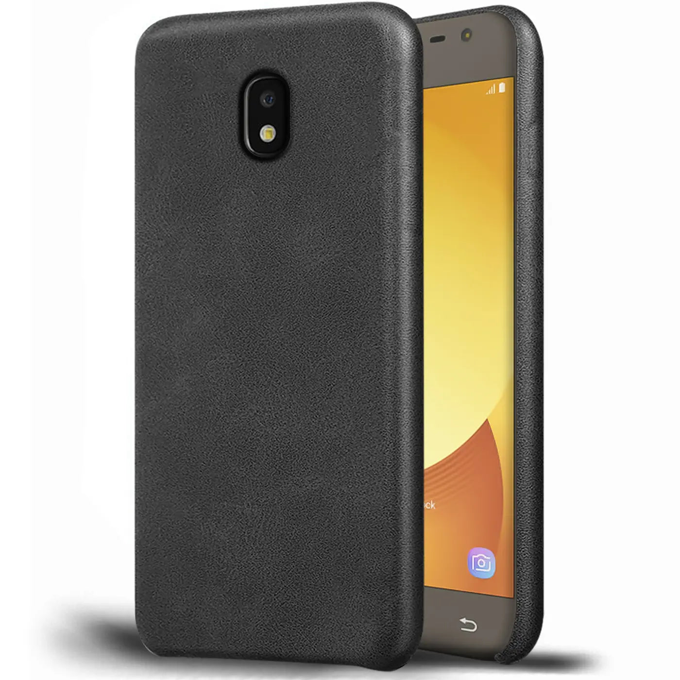 Schwarze PU-Hartschale für Samsung Galaxy J7 2017, von vorne links gesehen.