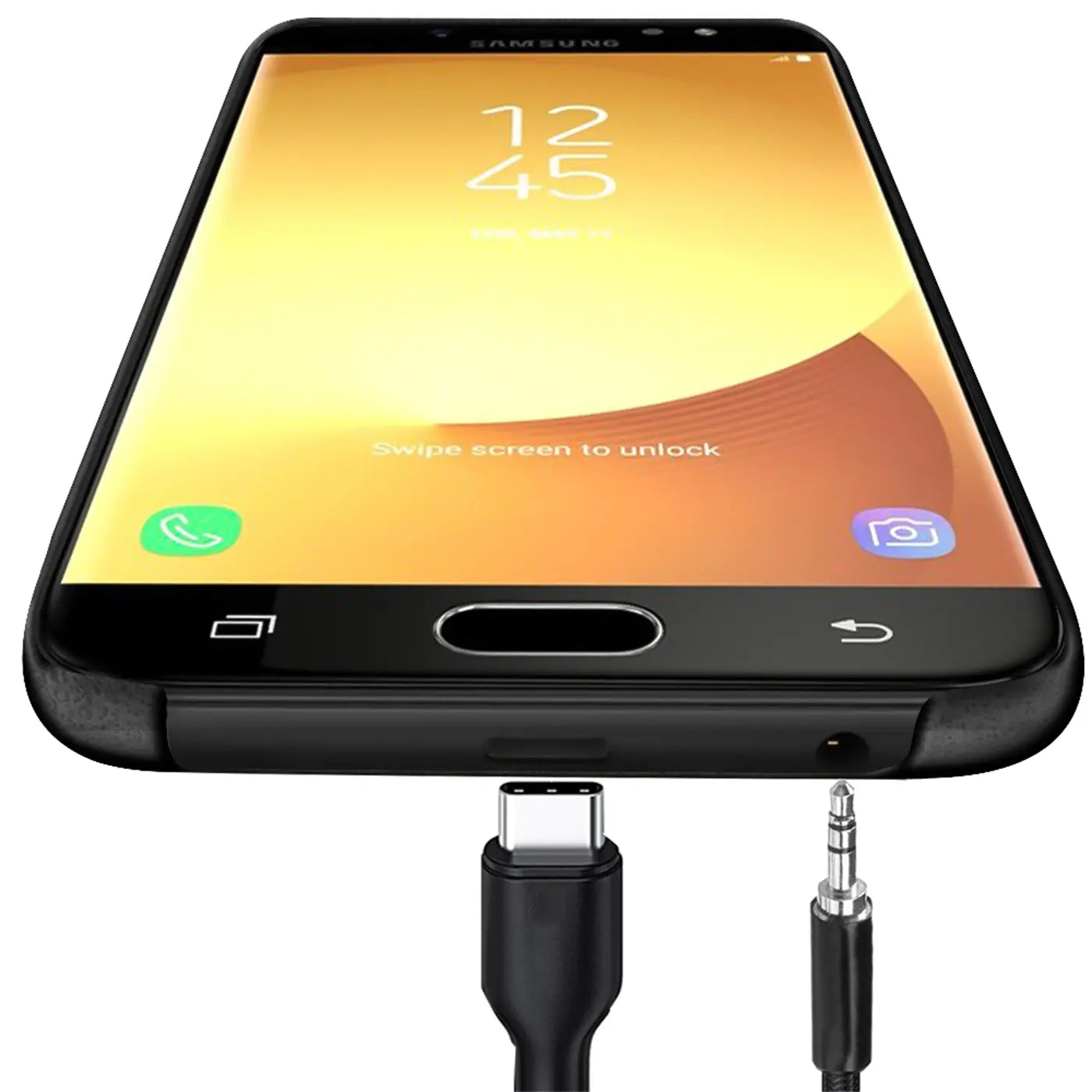 Samsung Galaxy J7 2017 in schwarzer PU-Hartschale, von vorne unten, mit USB-C- und Klinkenkabel.
