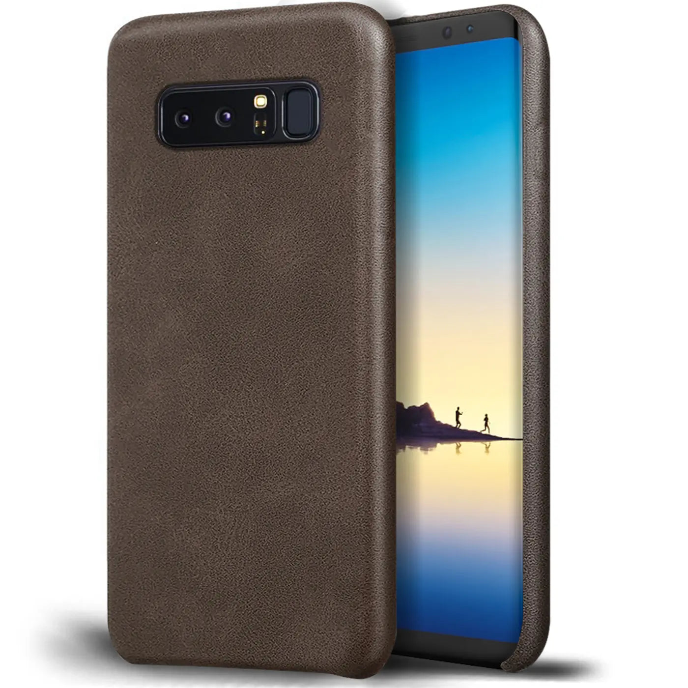 Braune PU-Hartschale für Samsung Galaxy Note 8, von schräg hinten gezeigt.