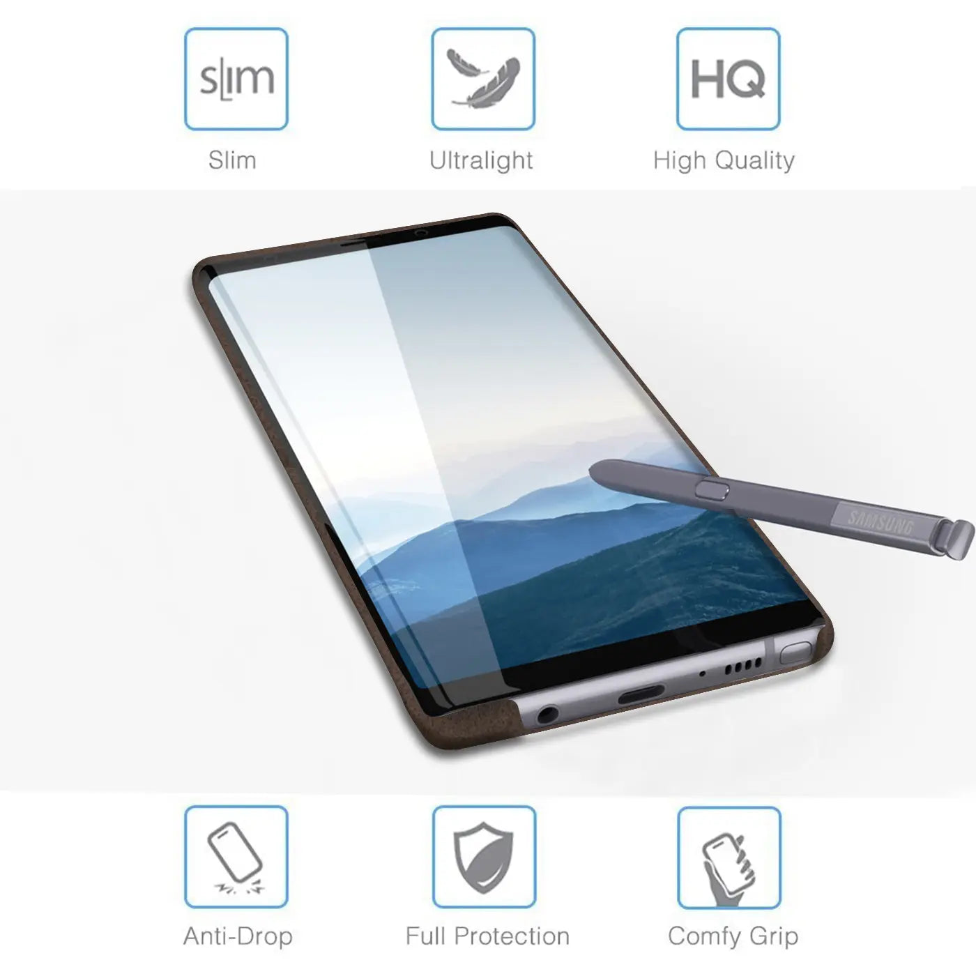 Samsung Galaxy Note 8 mit grauer PU-Hartschale, von schräg oben, S-Pen daneben.