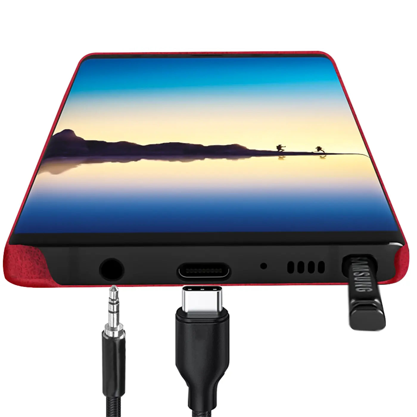 Rote PU-Hülle, Nahaufnahme Unterseite Samsung Galaxy Note 8 mit eingesteckten Kabeln.