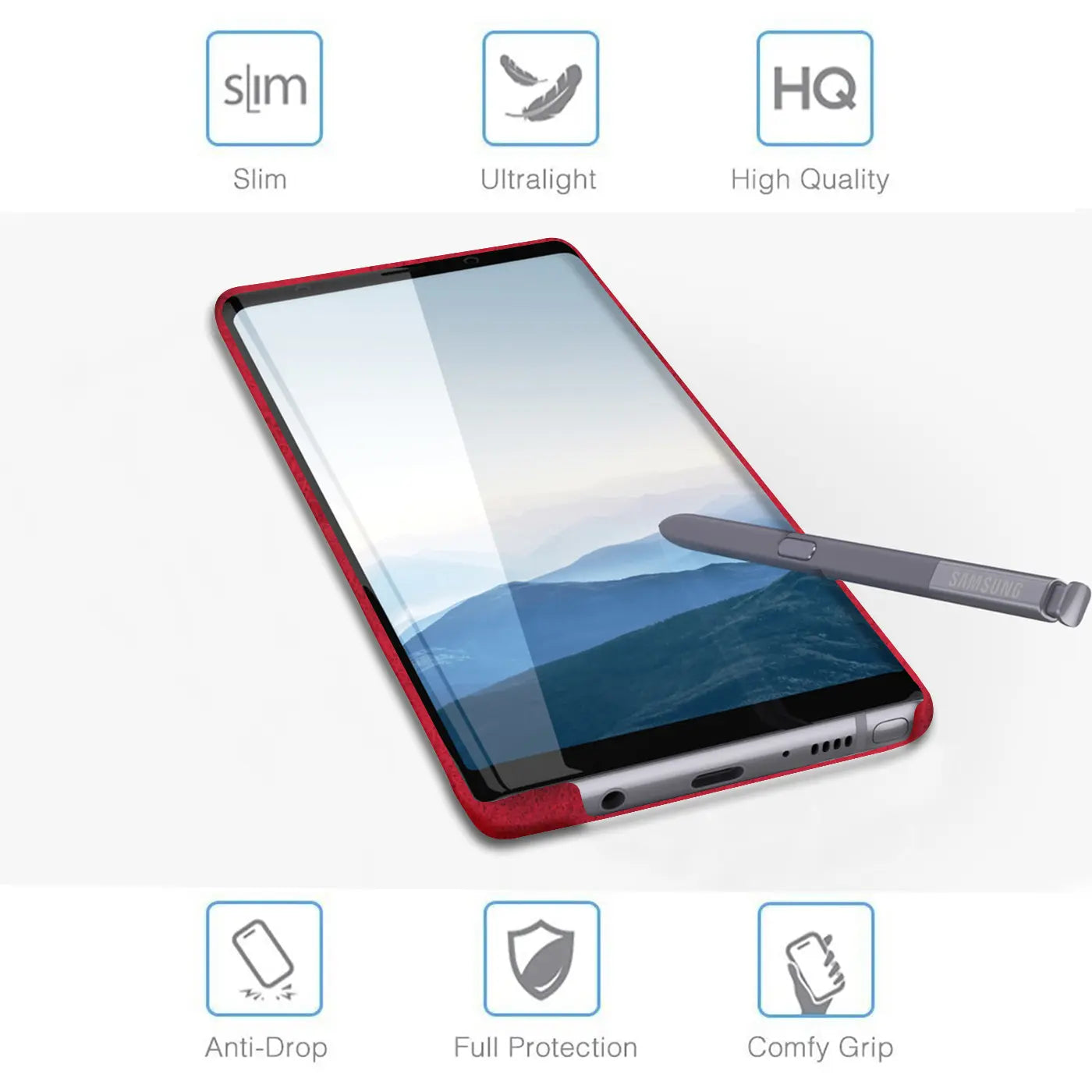 Rote PU-Hartschale für Samsung Galaxy Note 8, von schräg oben gezeigt.