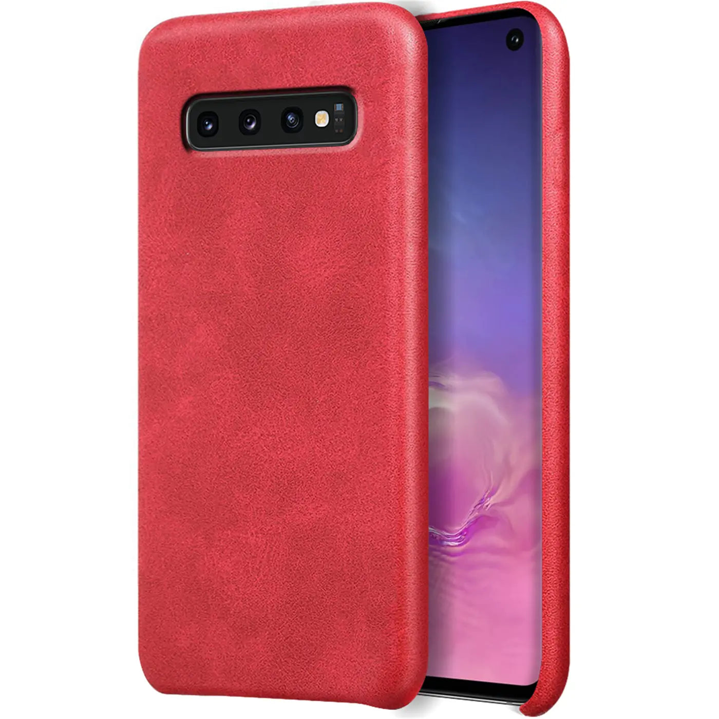 Rote PU-Hartschale für Samsung Galaxy S10, von schräg hinten gezeigt.
