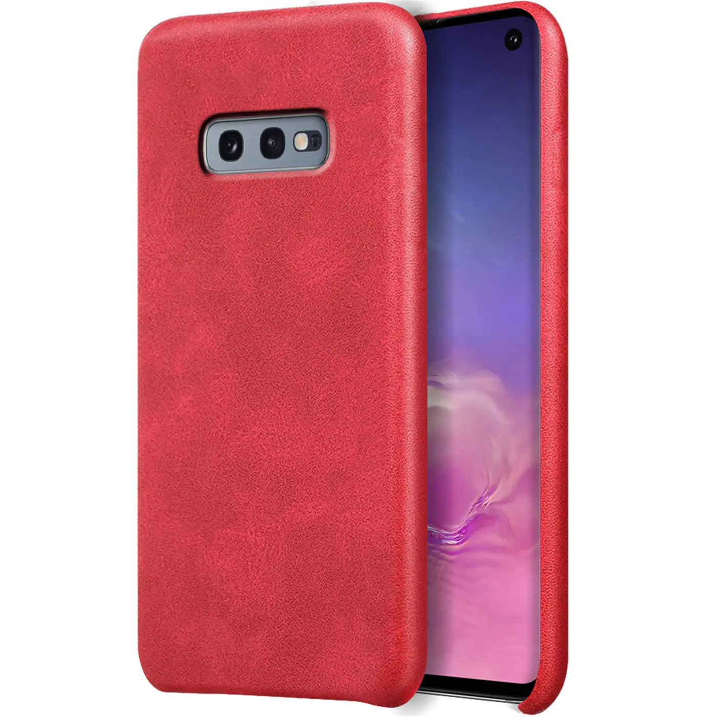 Rote PU-Hartschale mit Samsung Galaxy S10e, Seitenansicht.