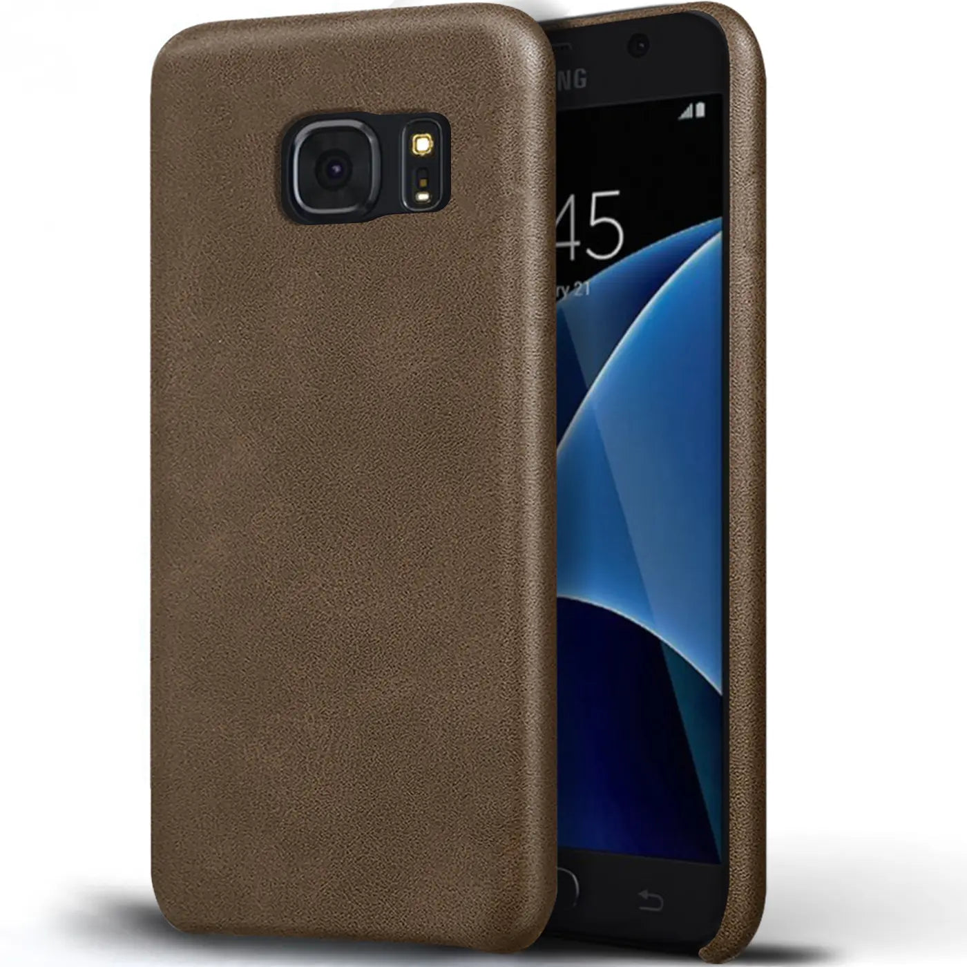 Braune PU-Hartschale mit Samsung Galaxy S7 Edge, von schräg vorne