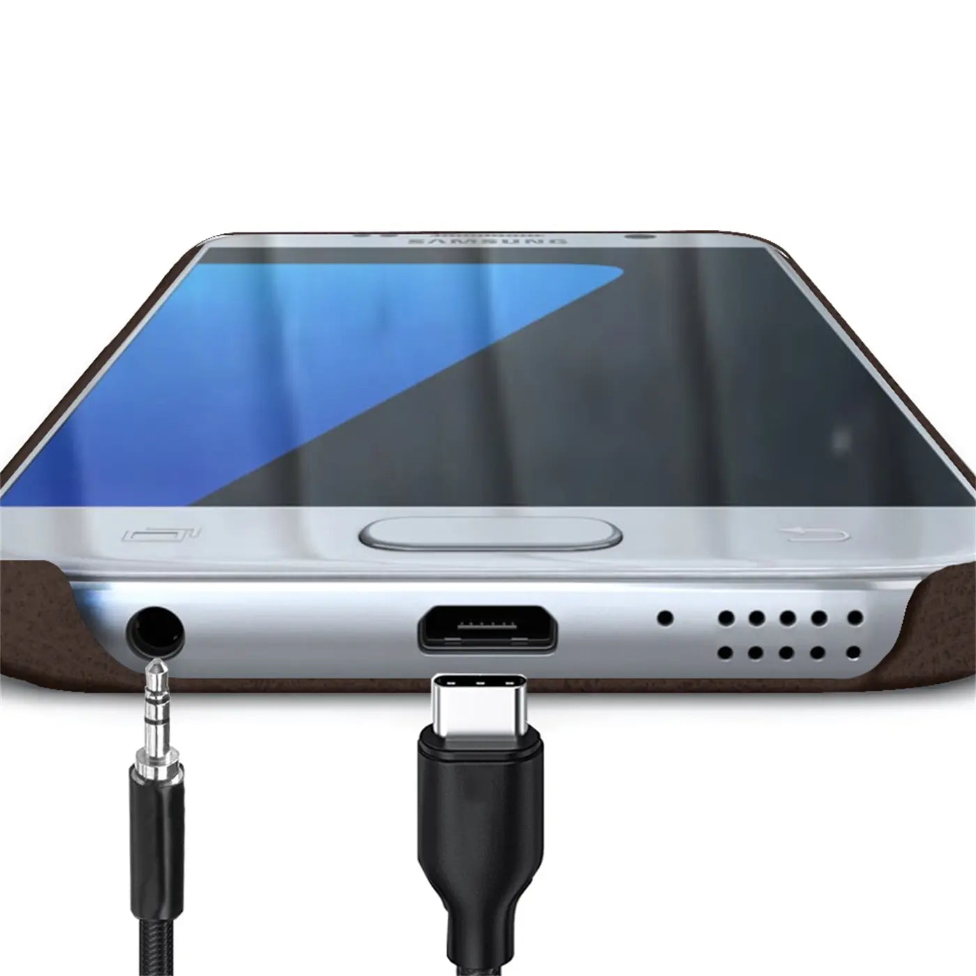 Samsung S7 Edge mit brauner PU-Hülle, Nahaufnahme der Anschlüsse mit eingestecktem Kabel.