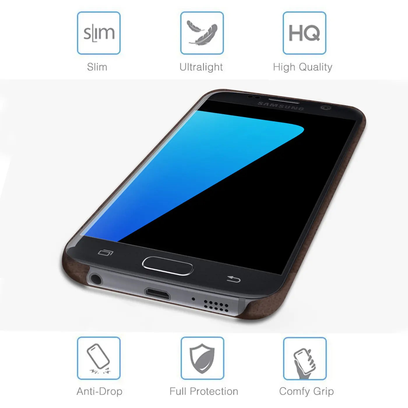 Samsung Galaxy S7 Edge in brauner PU-Hartschale, von vorne schräg.