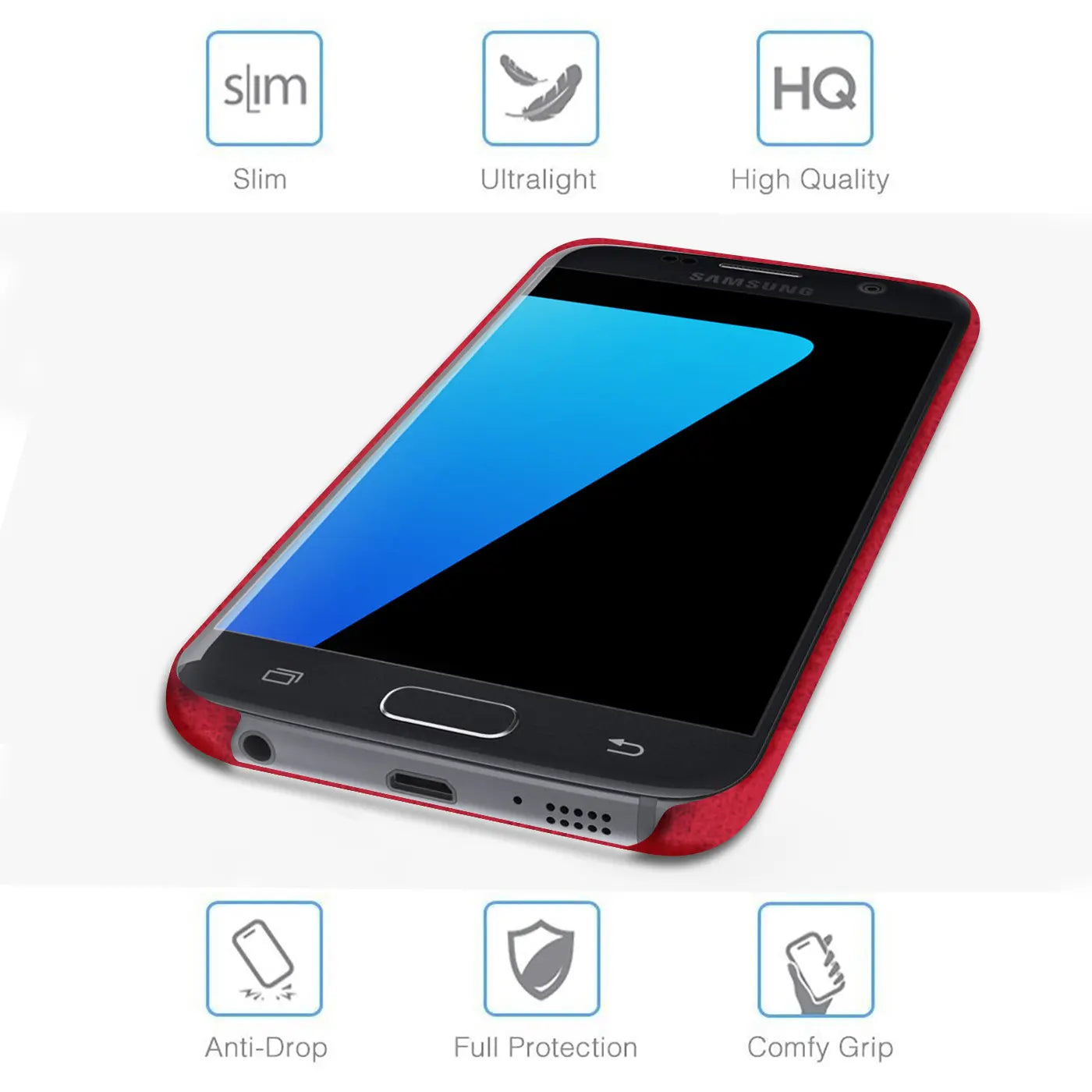 Rote PU-Hartschale schützt Samsung Galaxy S7 Edge, von oben links.