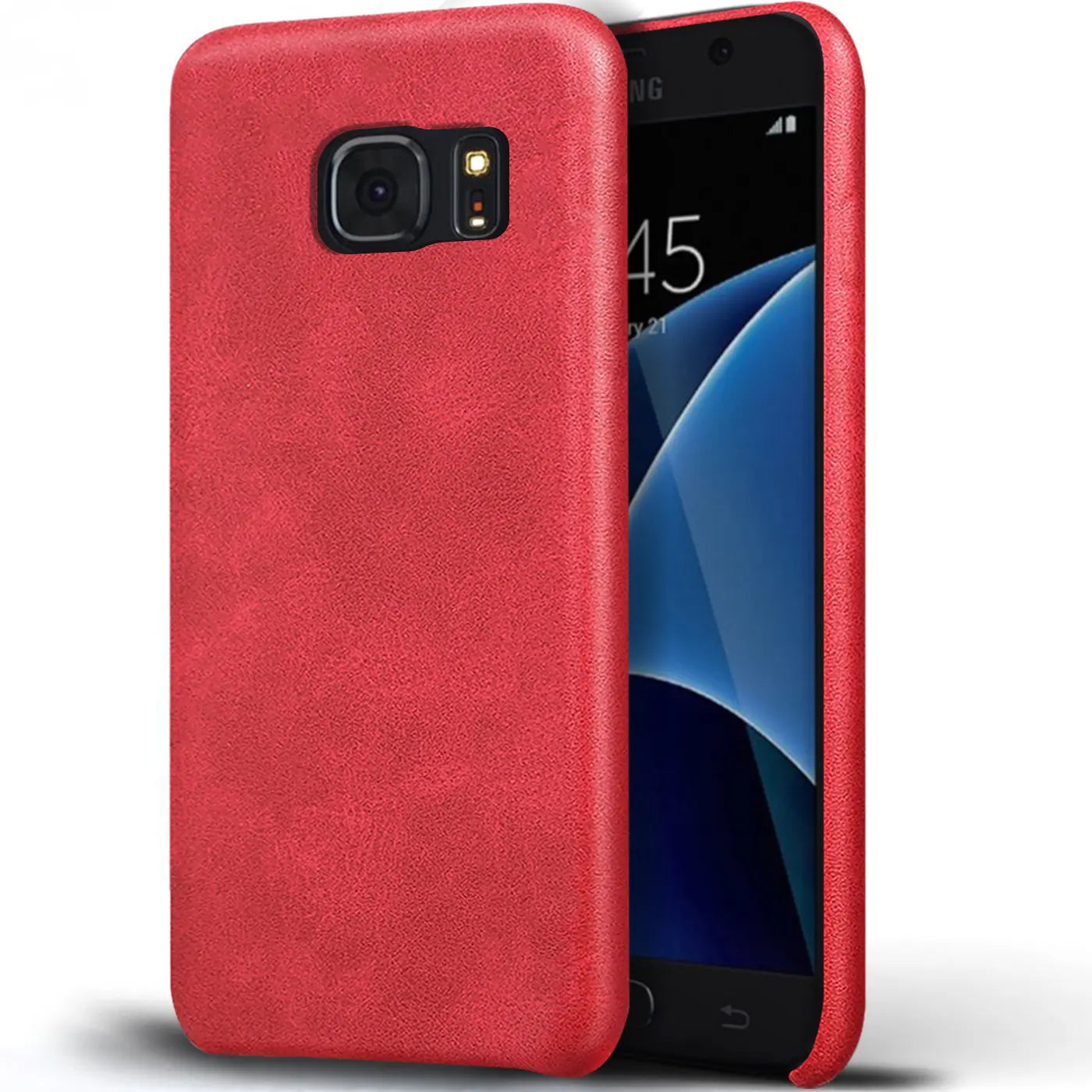 Rote PU-Hartschale mit Samsung Galaxy S7 im Profil, von vorne links gesehen.