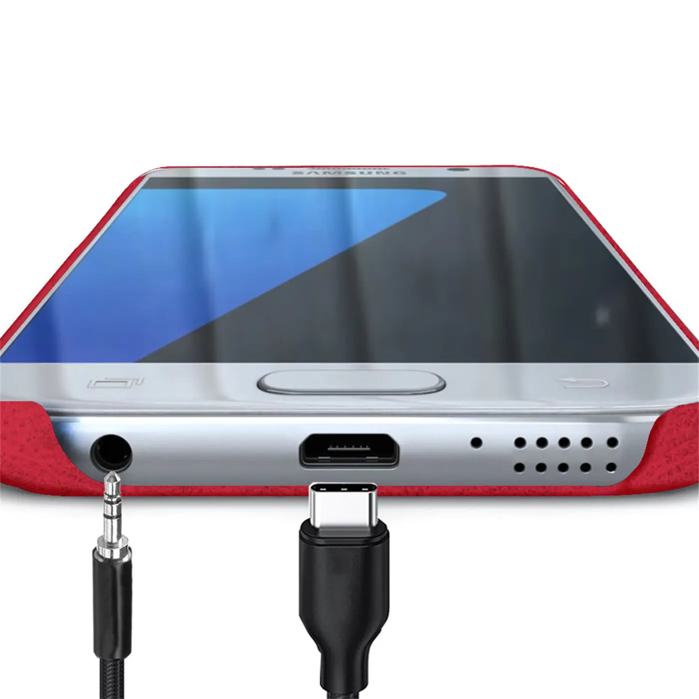 Rote PU-Hülle um Samsung Galaxy S7, Nahaufnahme der Anschlüsse unten, Kabel stecken.