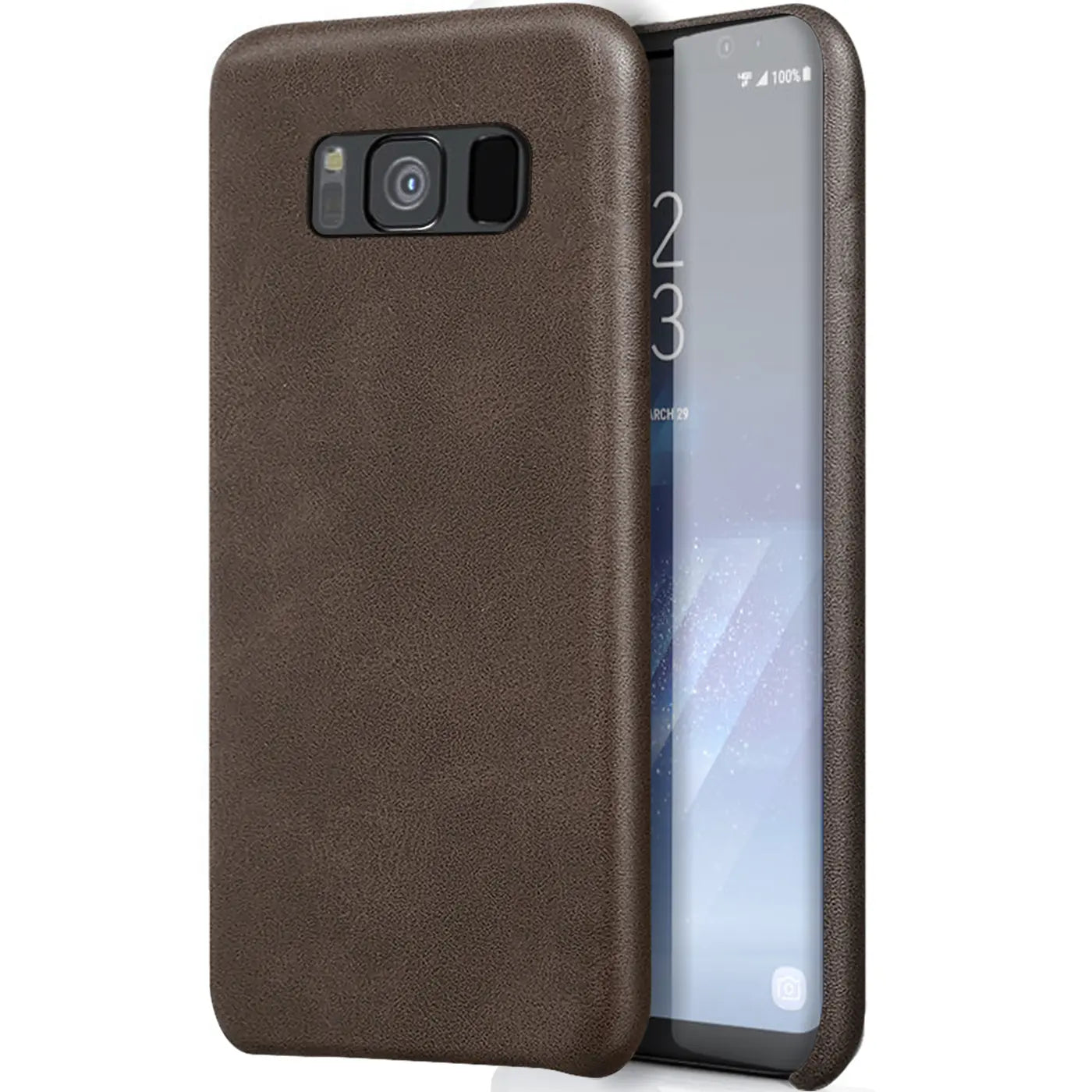 Braune PU-Hartschale mit Samsung Galaxy S8, von schräg links hinten.