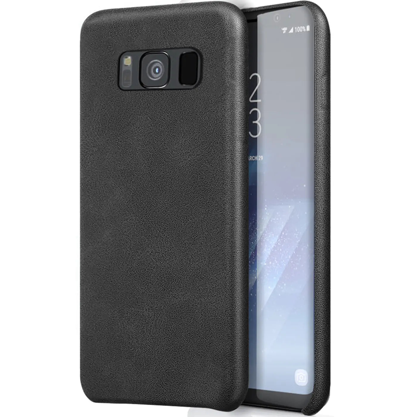 Schwarze PU-Hartschale für Samsung Galaxy S8 Plus, von vorne schräg gezeigt.