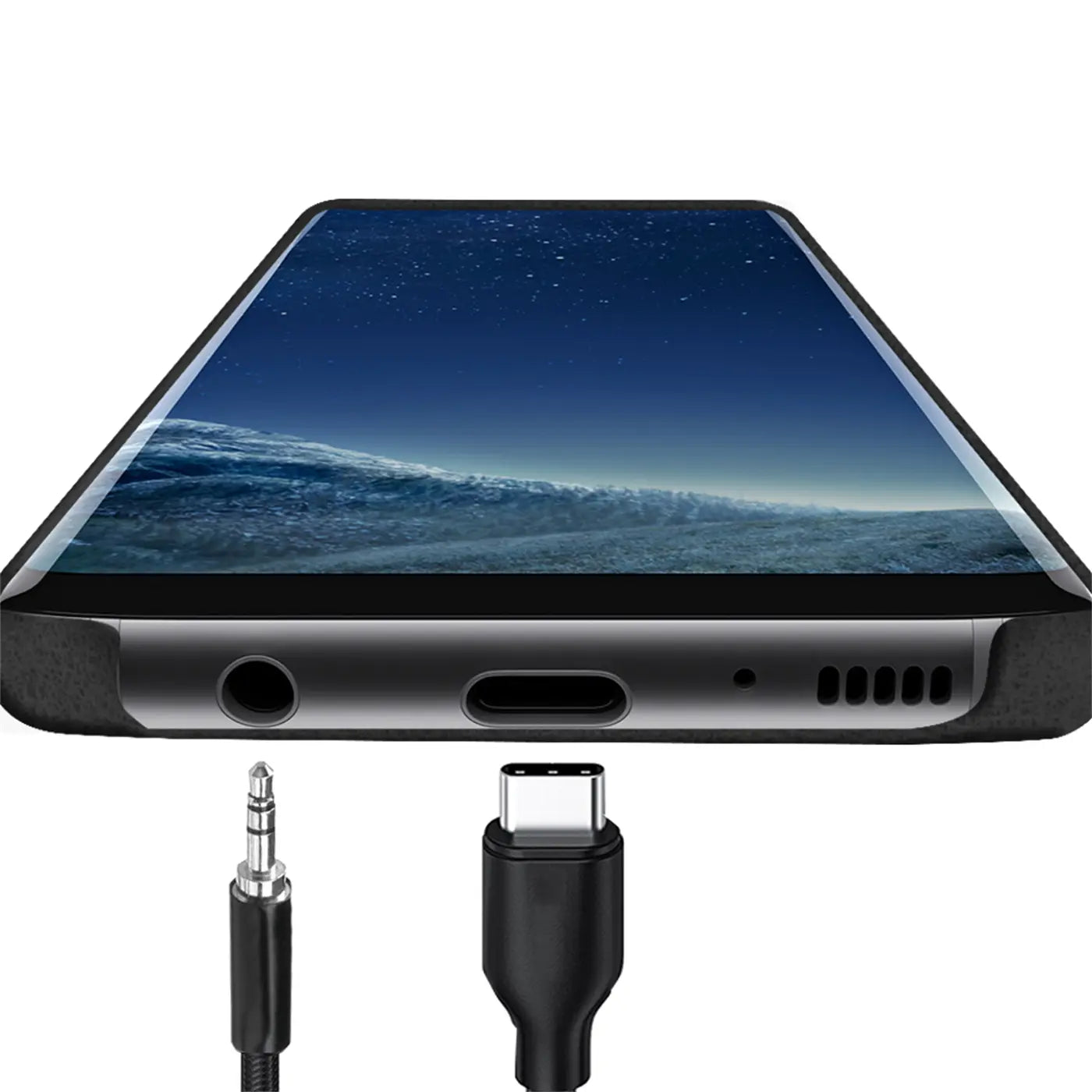 Samsung Galaxy S8 Plus mit schwarzer PU-Hülle, Unteransicht, 3,5mm Klinke und USB-C-Kabel.