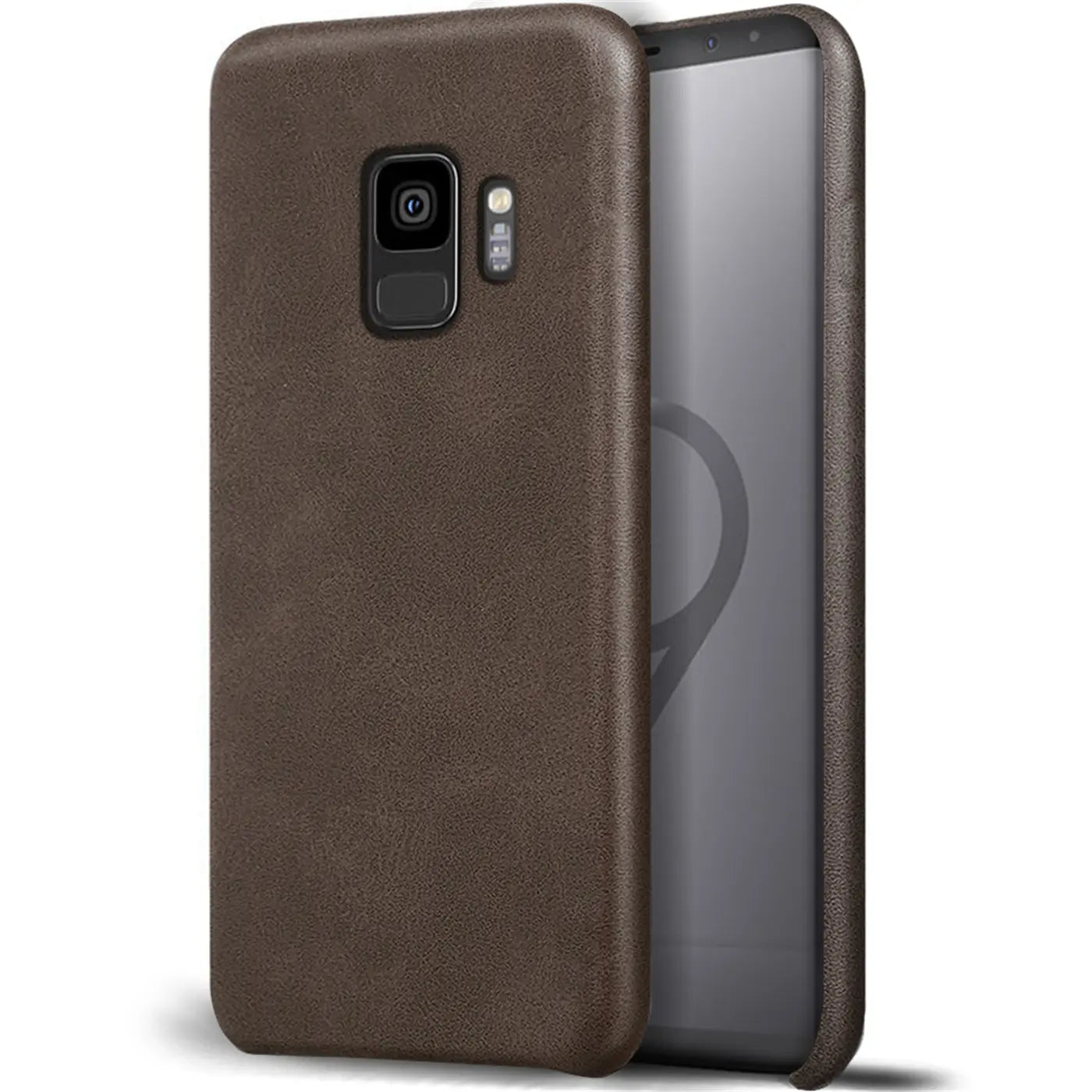 Braune PU-Hartschale für Samsung Galaxy S9, Rückansicht, leicht schräg.