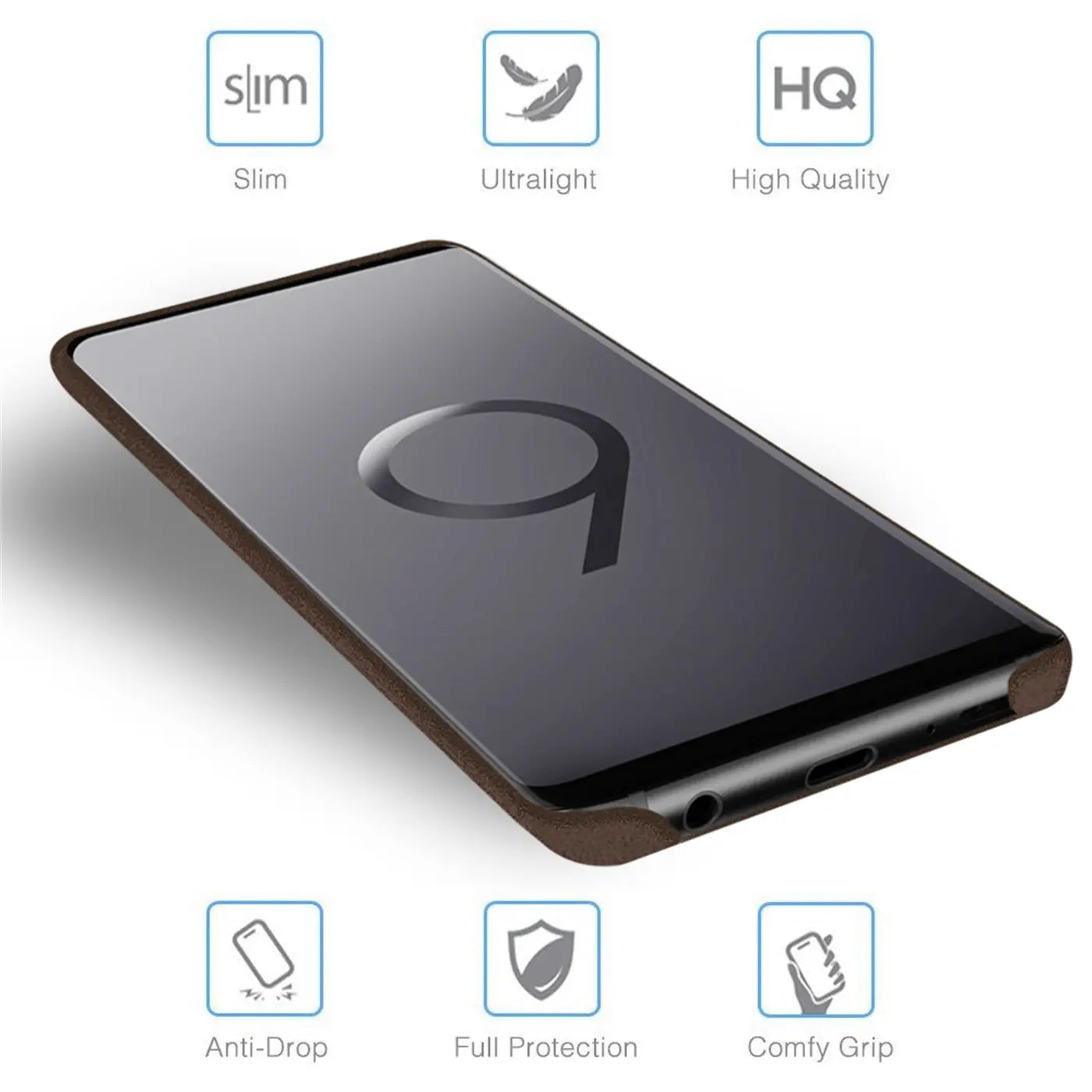 Samsung Galaxy S9 mit brauner PU-Hartschale, von schräg oben gezeigt.