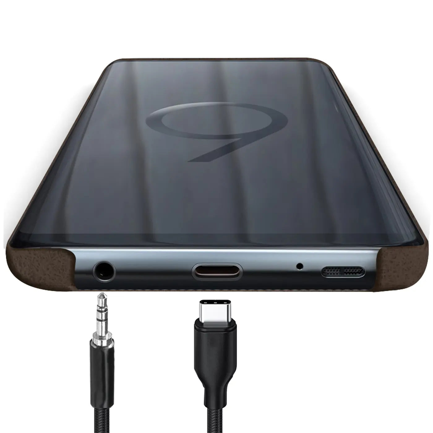 Samsung Galaxy S9 Plus mit brauner PU-Hülle, Nahaufnahme der Anschlüsse mit Kabeln.