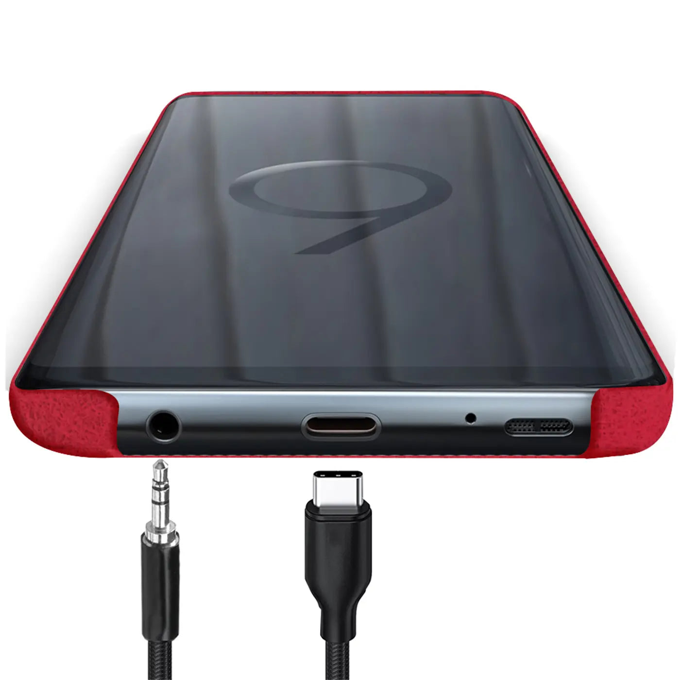 Rote PU-Hartschale am Samsung Galaxy S9, Nahaufnahme von unten mit angeschlossenen Kabeln.