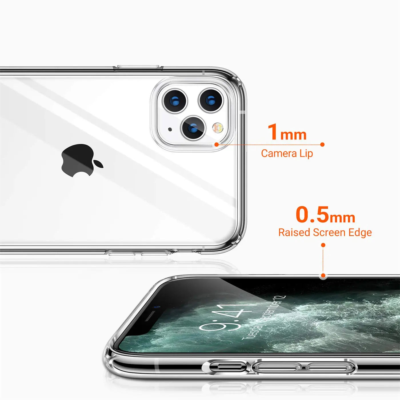 Klares Handy-Case aus Kunststoff, Rückansicht und Seitenansicht eines iPhones 11 Pro Max.