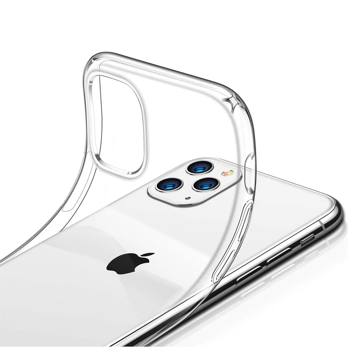 Klar transparente Hülle aus Kunststoff, von schräg hinten auf ein iPhone 11 Pro Max gelegt.