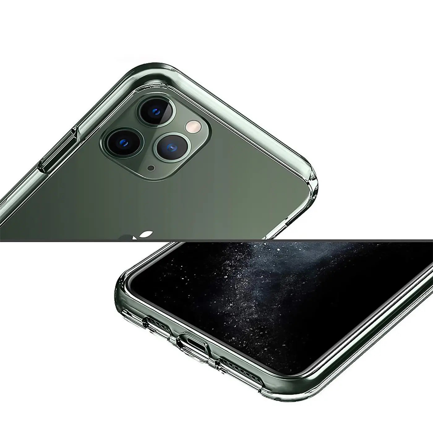 Klarer Handyhülle aus Kunststoff, zeigt iPhone 11 Pro Max Rückseite und Vorderseite, von schräg oben.